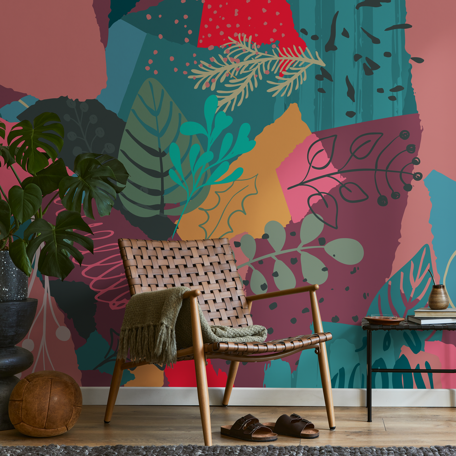 Abstract Wallpaper with a Botanical Collage in Teal, Red, and Pink - B438