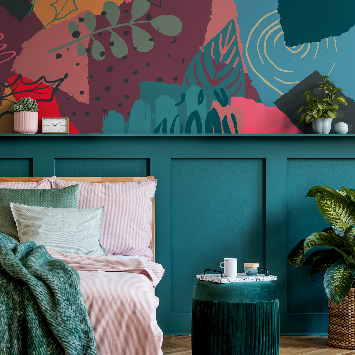 Abstract Wallpaper with a Botanical Collage in Teal, Red, and Pink - B438