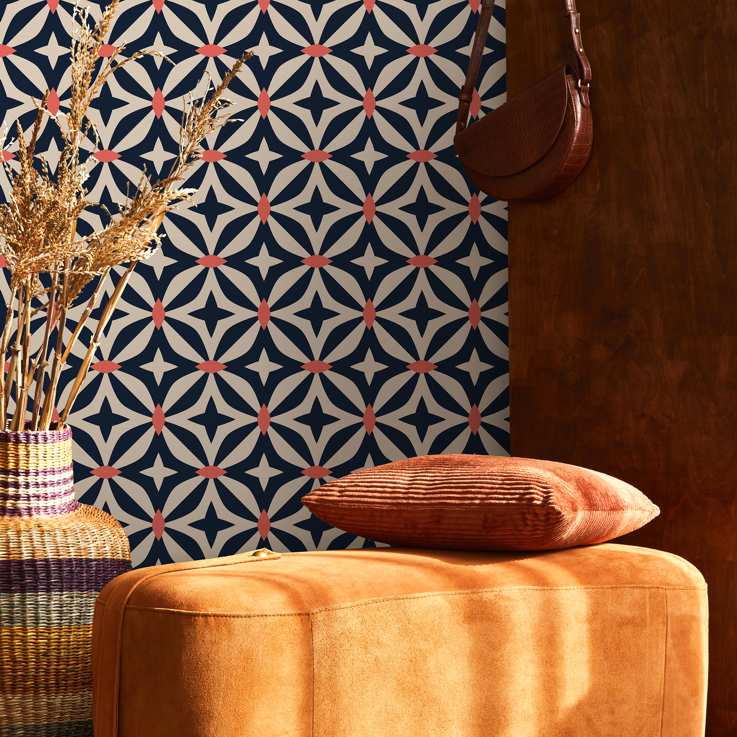 Geometric Wallpaper with a Retro Star Motif in Navy Blue and Coral - B440
