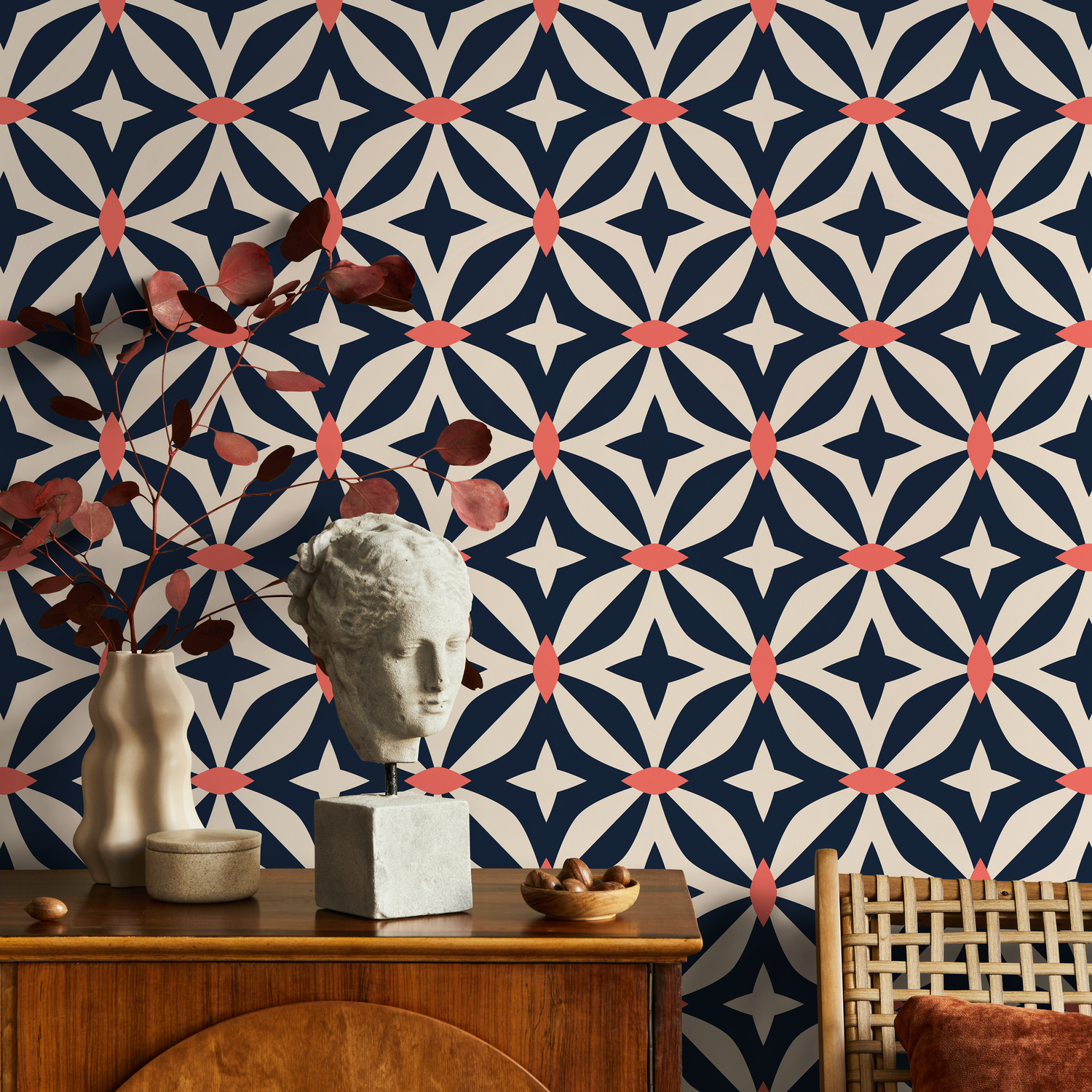 Geometric Wallpaper with a Retro Star Motif in Navy Blue and Coral - B440