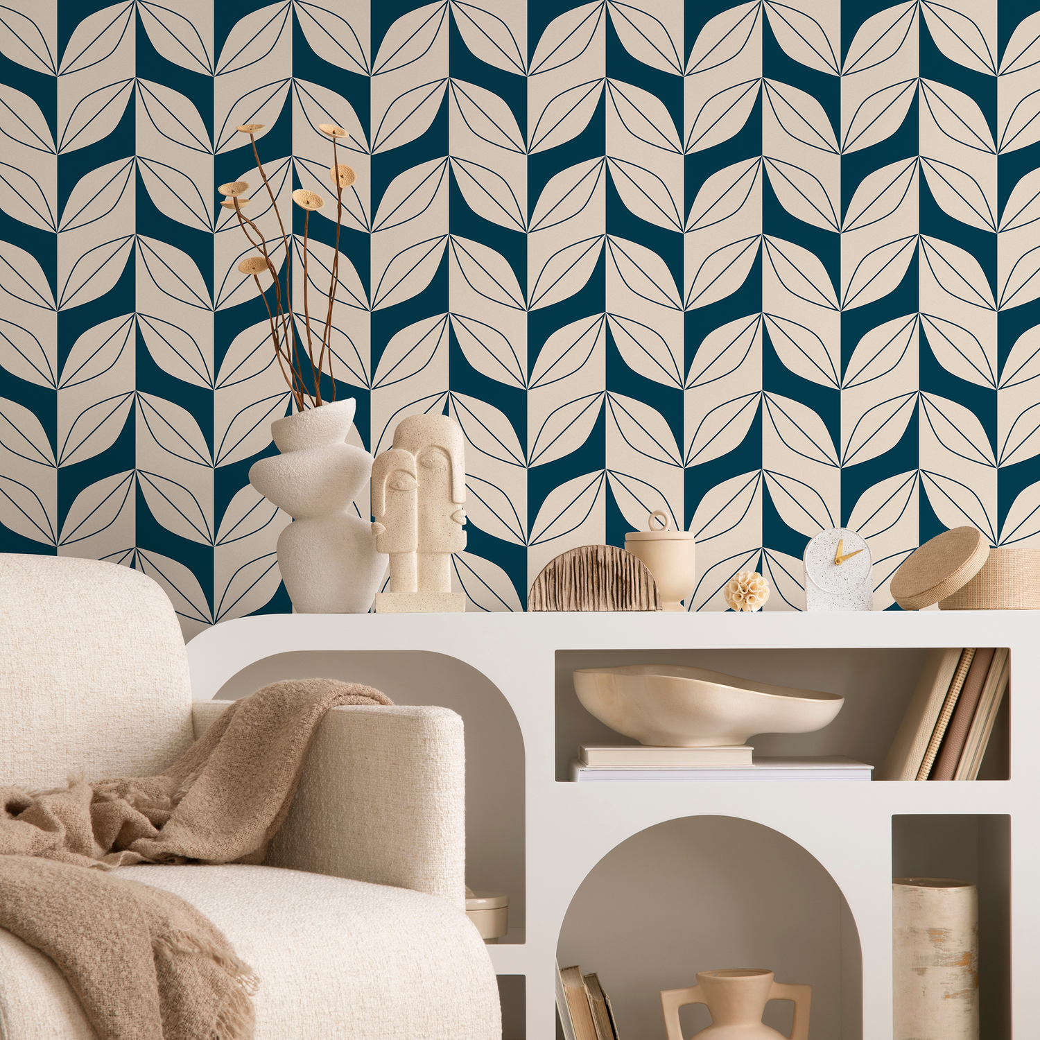 Geometric Wallpaper with a Stylized Leaf Motif in Teal and Beige - B442