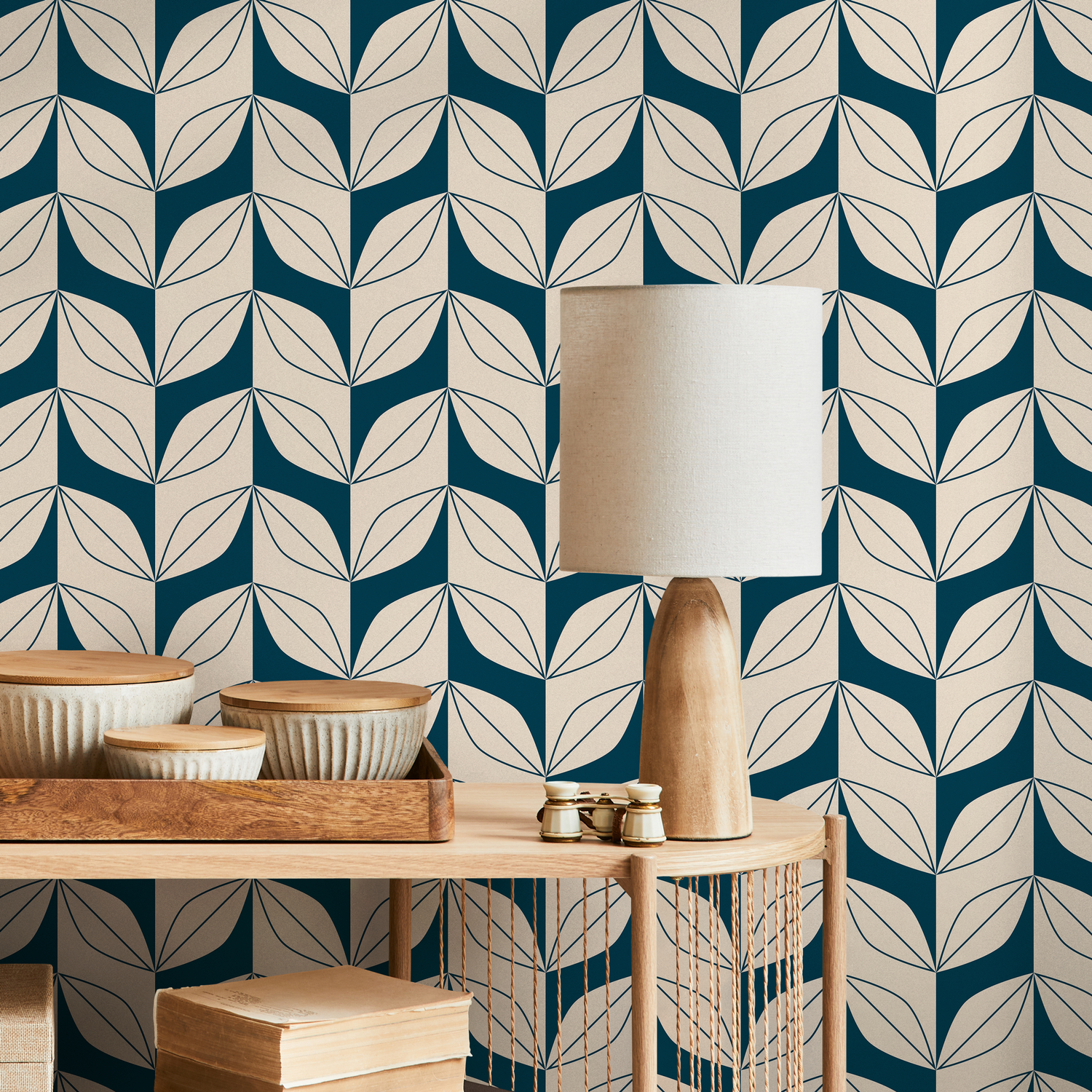 Geometric Wallpaper with a Stylized Leaf Motif in Teal and Beige - B442