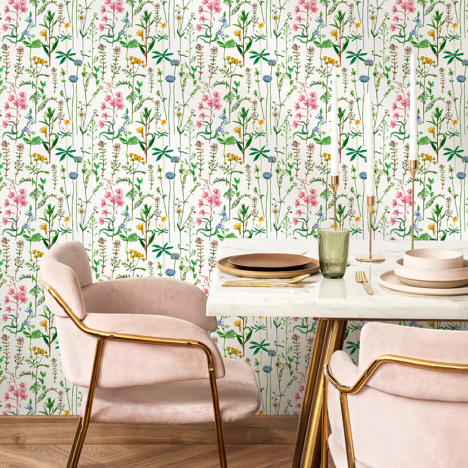 Botanical Wallpaper featuring a Delicate Wildflower Meadow in Pink, Blue, and Yellow - B444