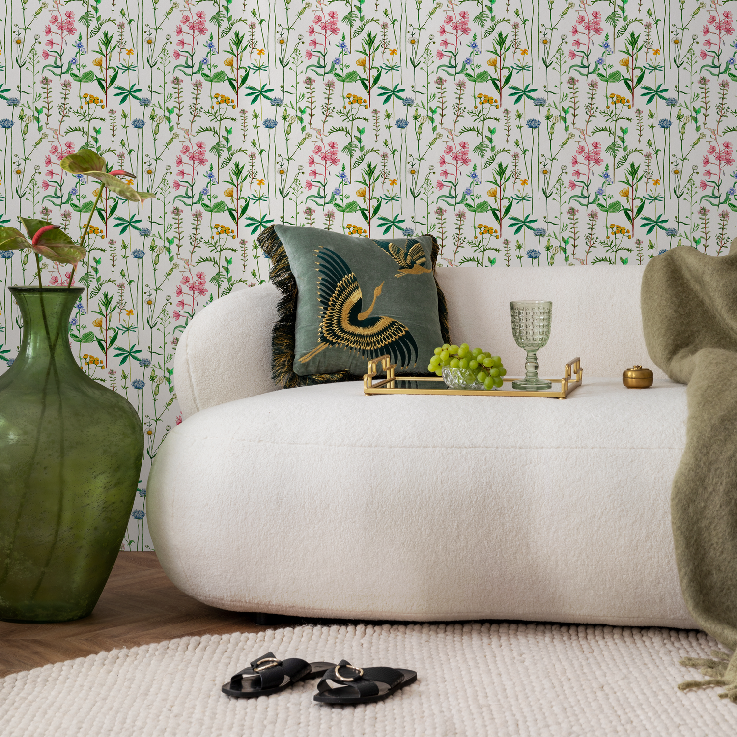 Botanical Wallpaper featuring a Delicate Wildflower Meadow in Pink, Blue, and Yellow - B444