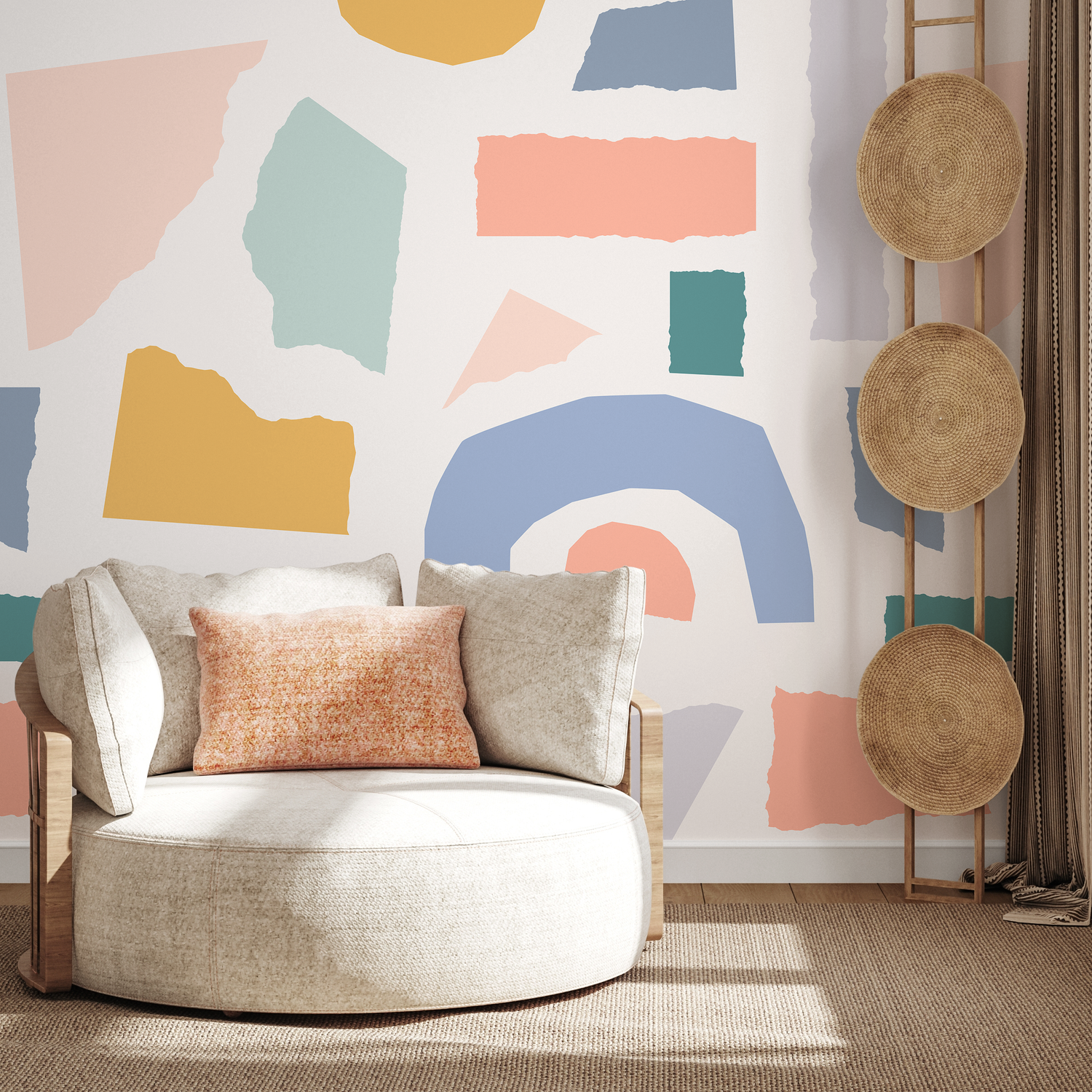 Abstract Wallpaper with a Torn Paper Collage in Blue, Yellow, and Pink - B447