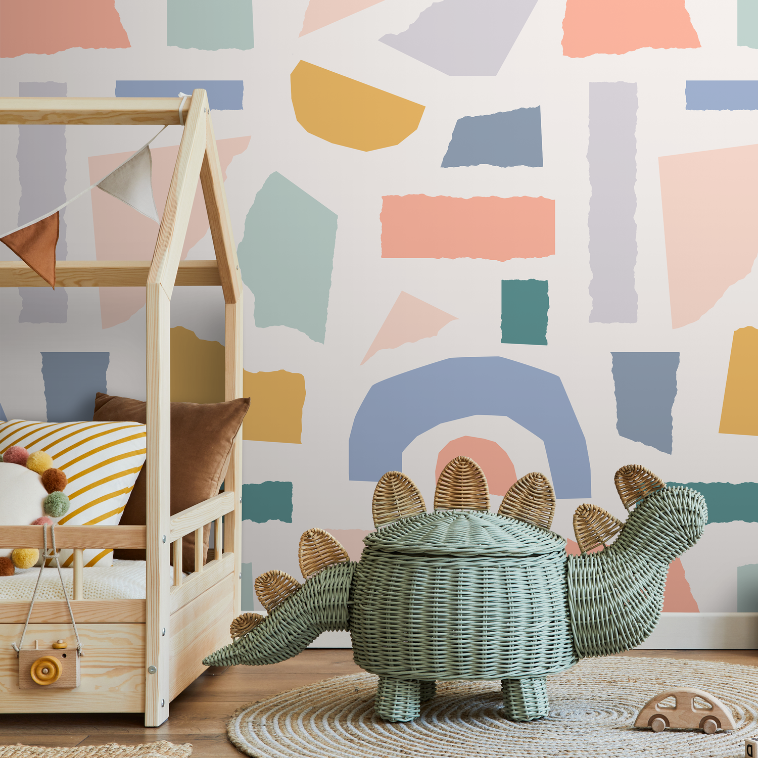 Abstract Wallpaper with a Torn Paper Collage in Blue, Yellow, and Pink - B447