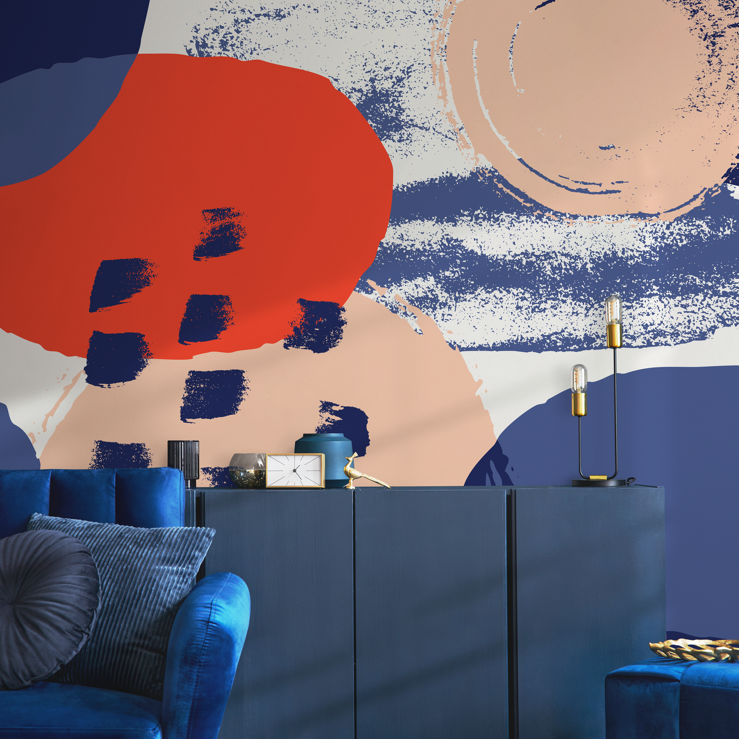 Abstract Wallpaper with Bold Brushstrokes in Red, Blue, and Peach - B449
