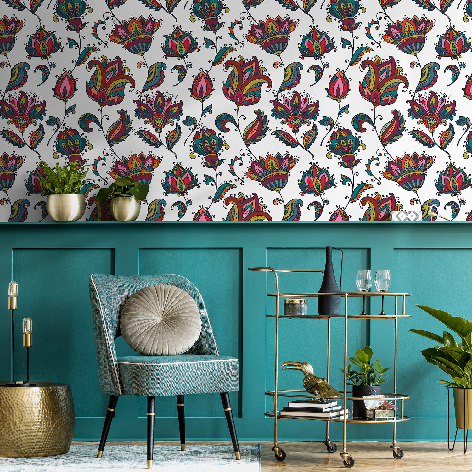 Floral Wallpaper with Ornamental Blooms in Red, Teal, and Pink - B456