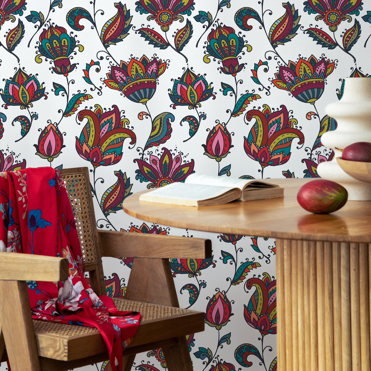 Floral Wallpaper with Ornamental Blooms in Red, Teal, and Pink - B456