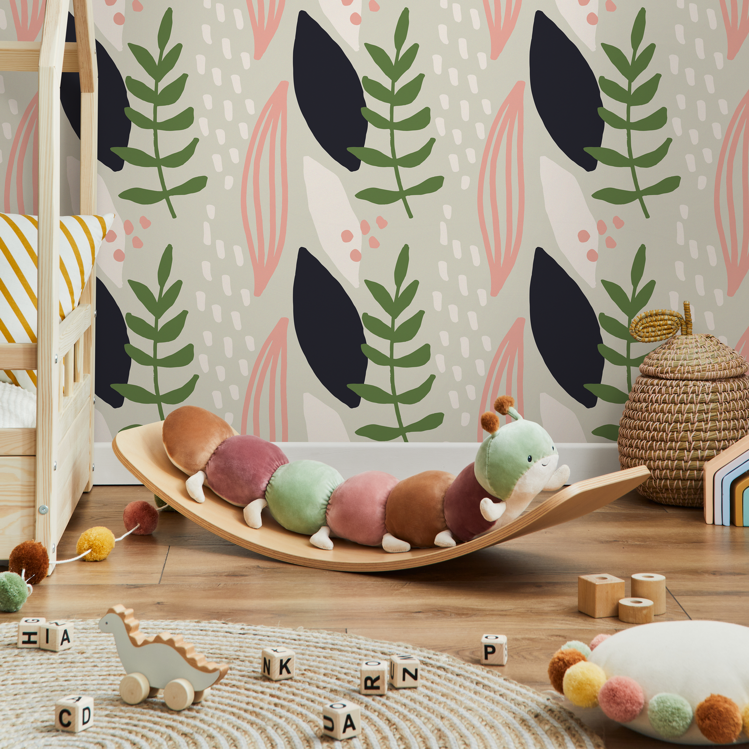 Abstract Wallpaper with Stylized Leaves in Green, Pink, and Black - B463