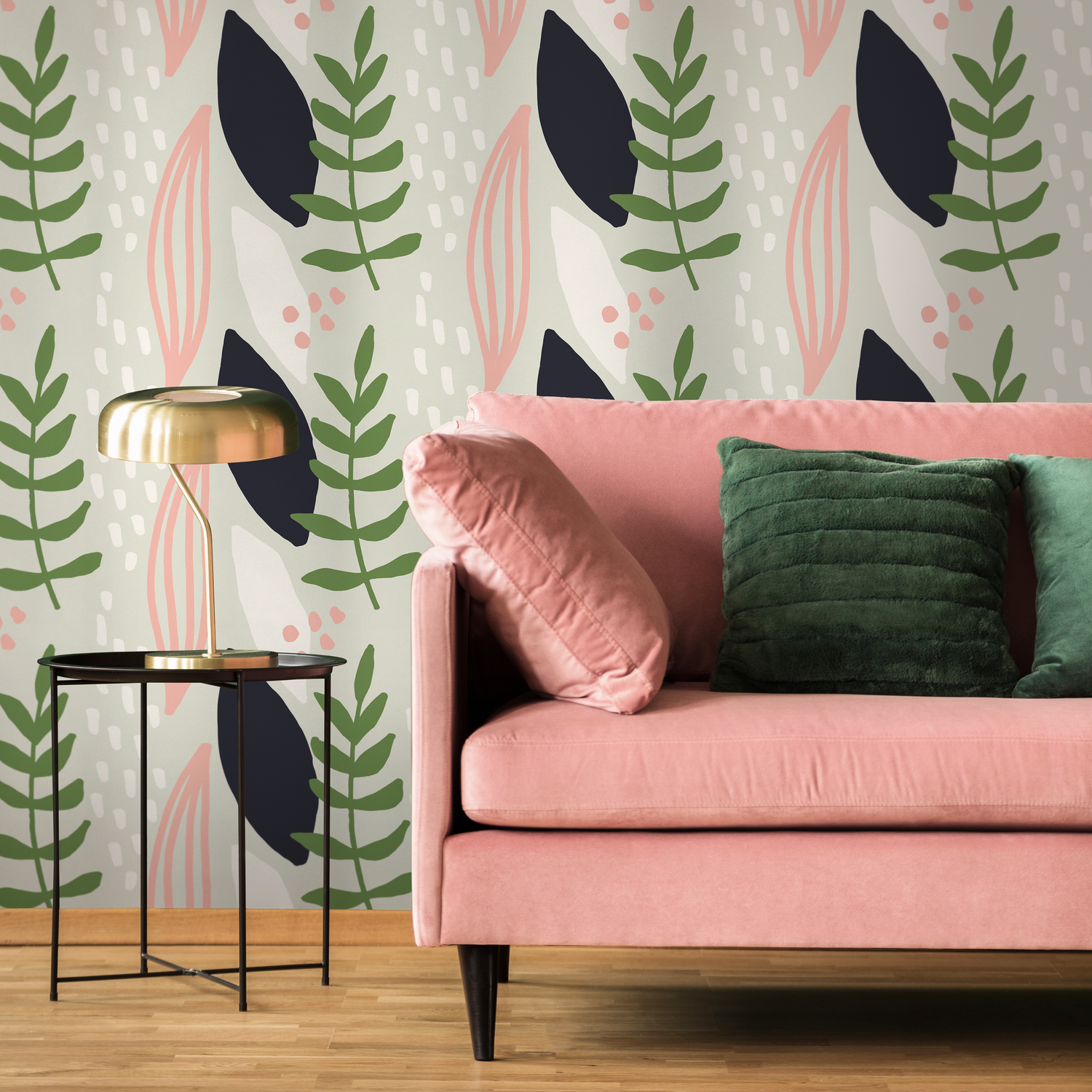 Abstract Wallpaper with Stylized Leaves in Green, Pink, and Black - B463