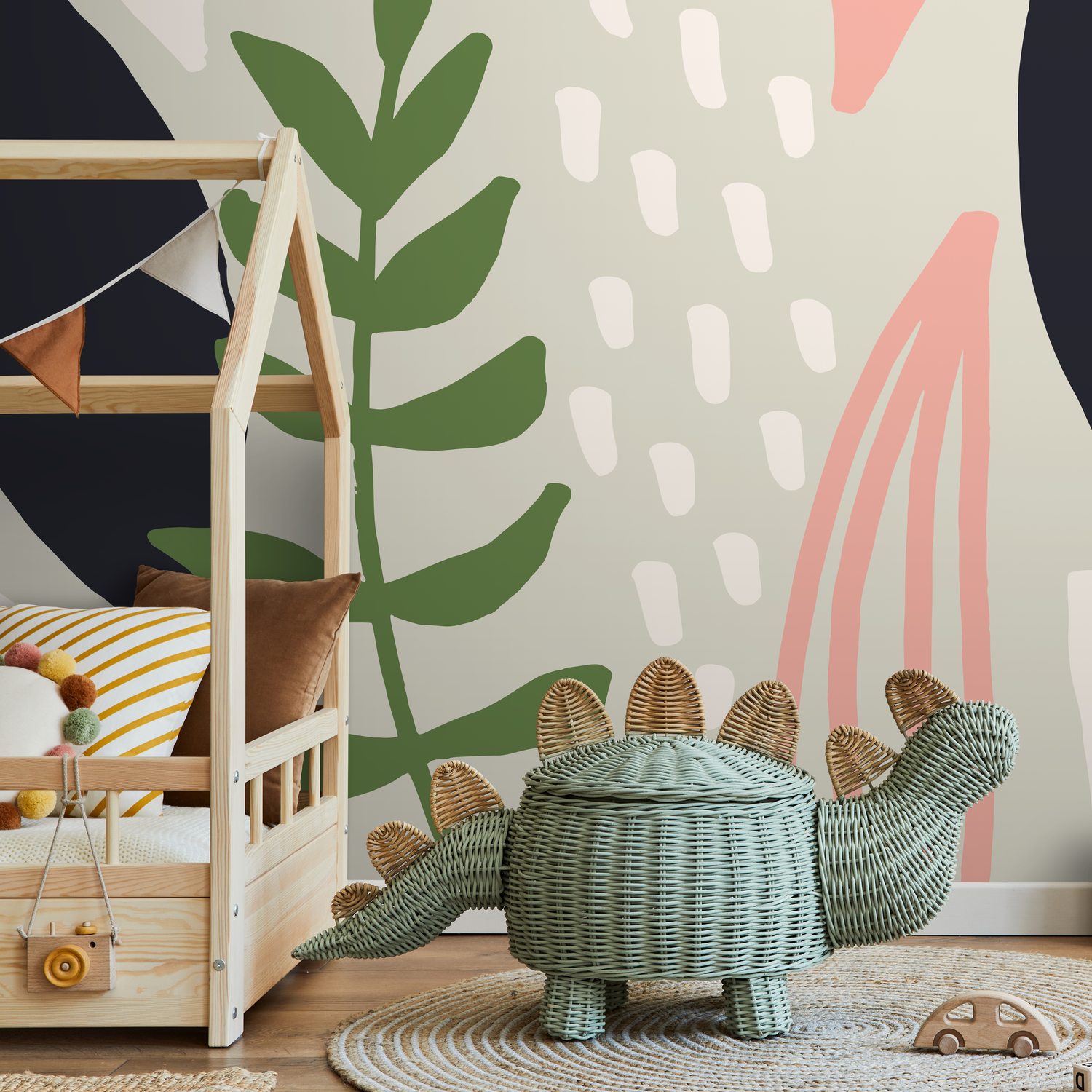Abstract Wallpaper with Botanical Shapes in Green, Pink, and Navy - B465