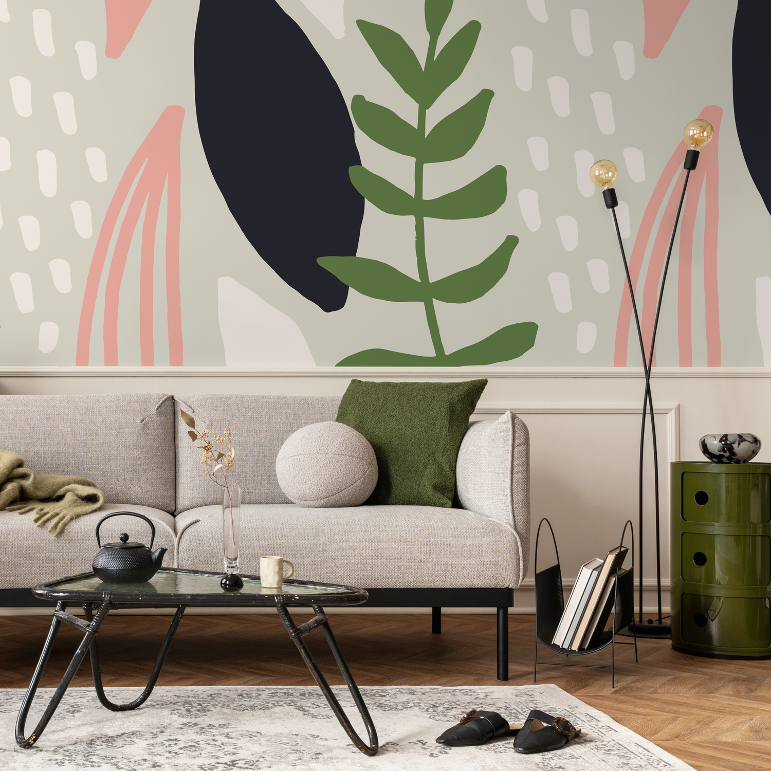 Abstract Wallpaper with Botanical Shapes in Green, Pink, and Navy - B465