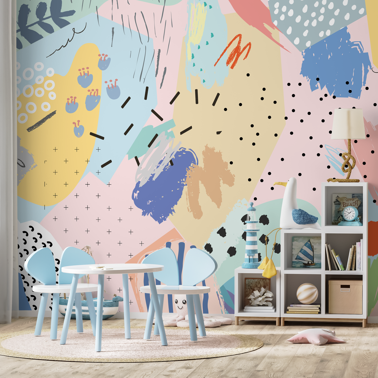 Abstract Wallpaper with a Collage of Playful Shapes in Pink, Blue, and Yellow - AS1-B482