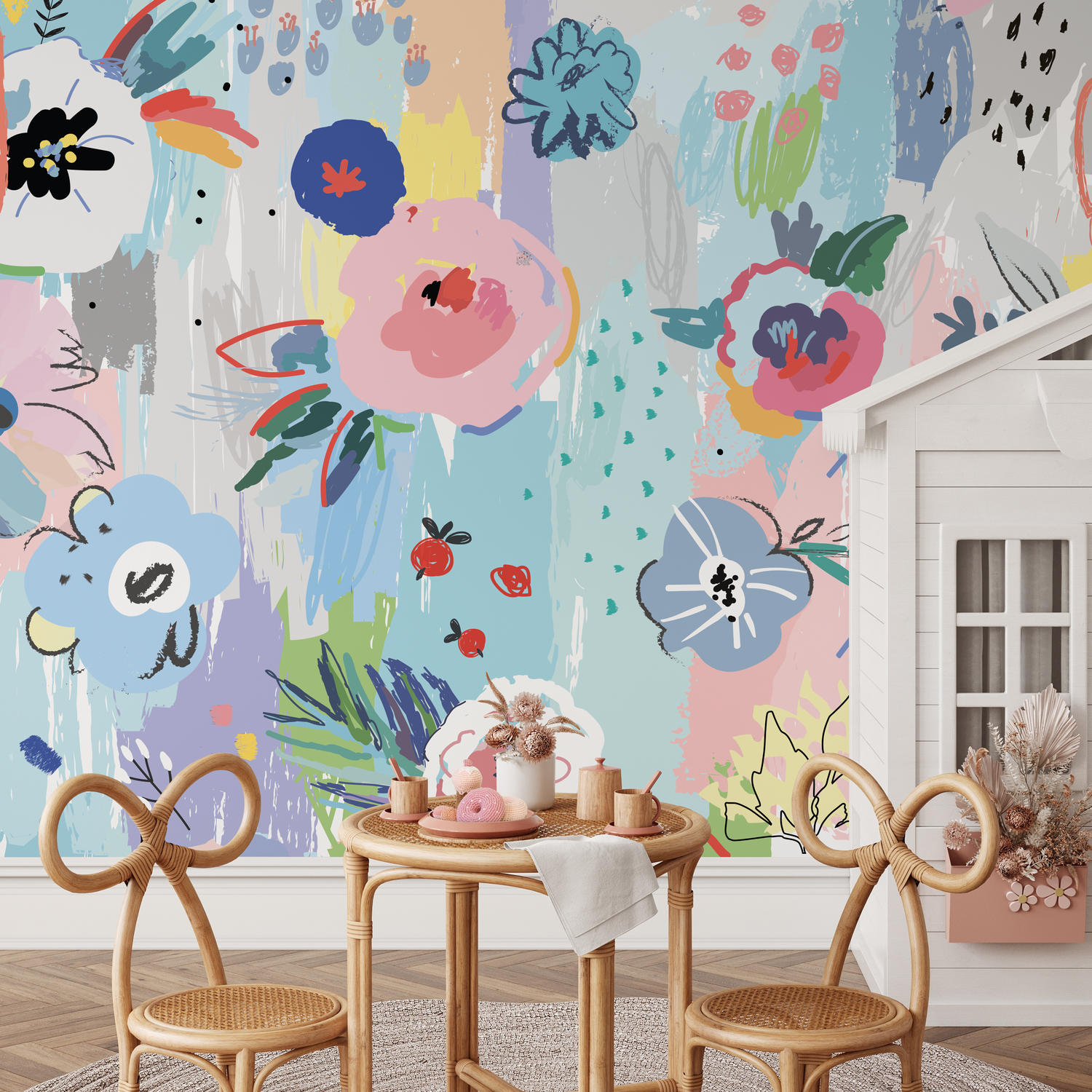 Abstract Wallpaper with Painterly Flowers in Blue, Pink, and Yellow - B483