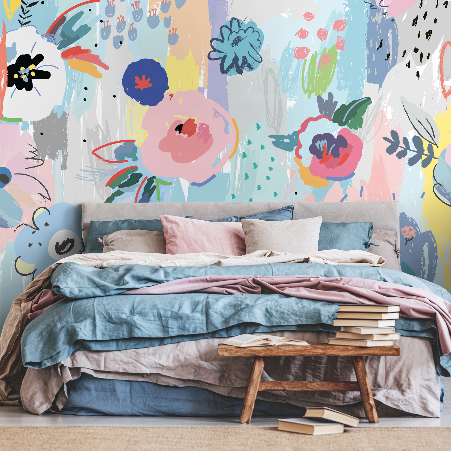 Abstract Wallpaper with Painterly Flowers in Blue, Pink, and Yellow - B483