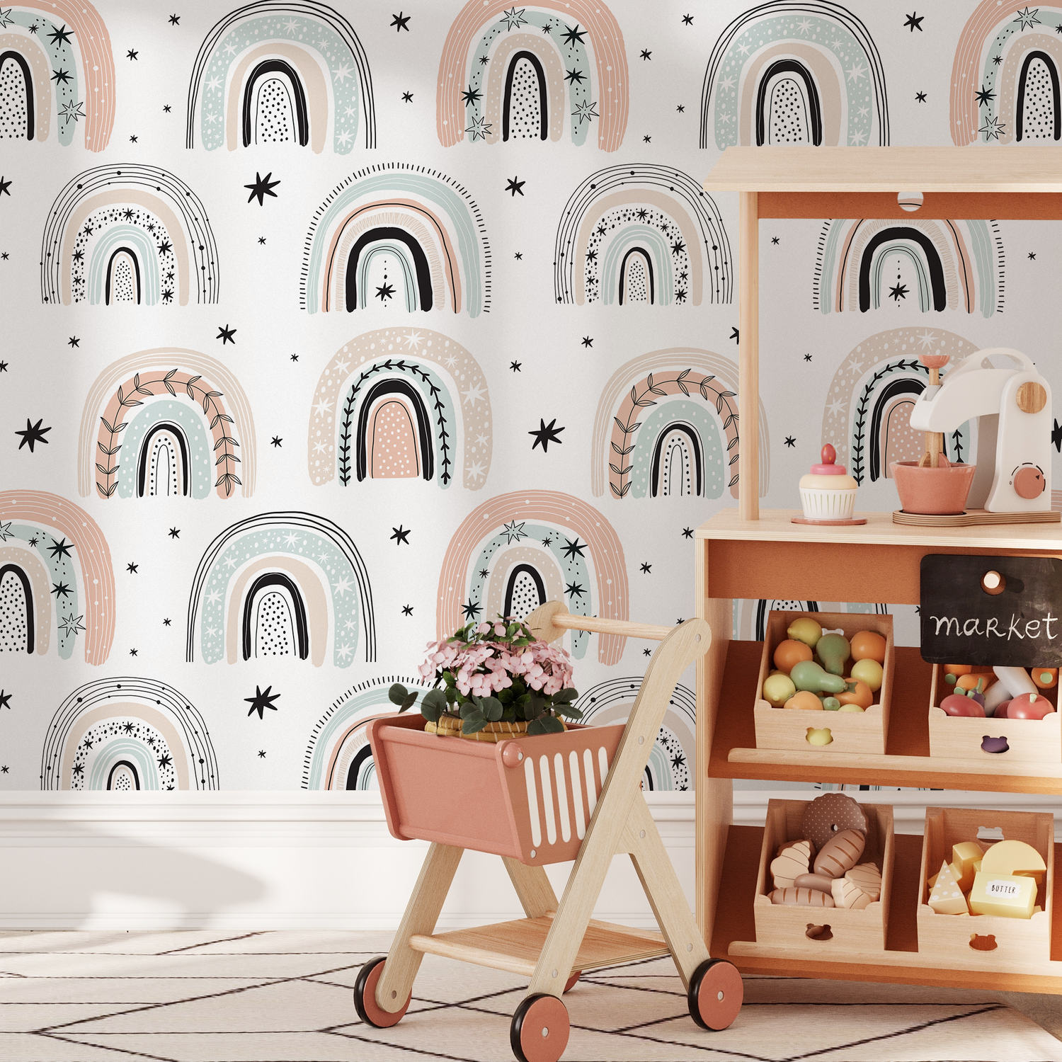 Scandinavian Wallpaper with Boho Rainbows in Pink, Green, and Beige - B491