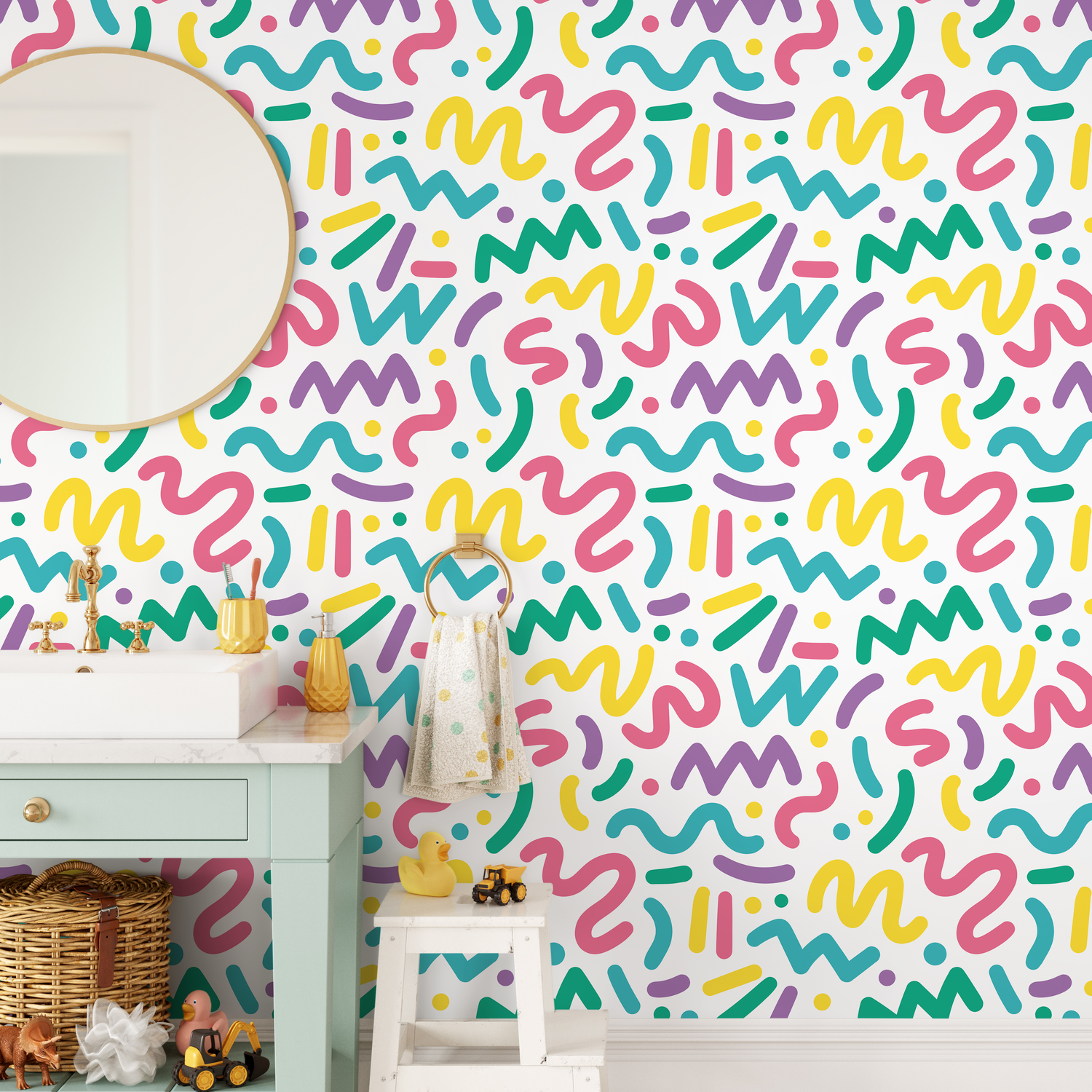 Abstract Wallpaper with Colorful Squiggles in Yellow, Pink, and Teal - AS1-B492