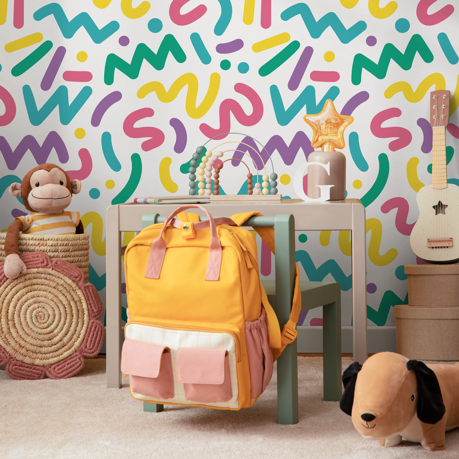 Abstract Wallpaper with Colorful Squiggles in Yellow, Pink, and Teal - AS1-B492