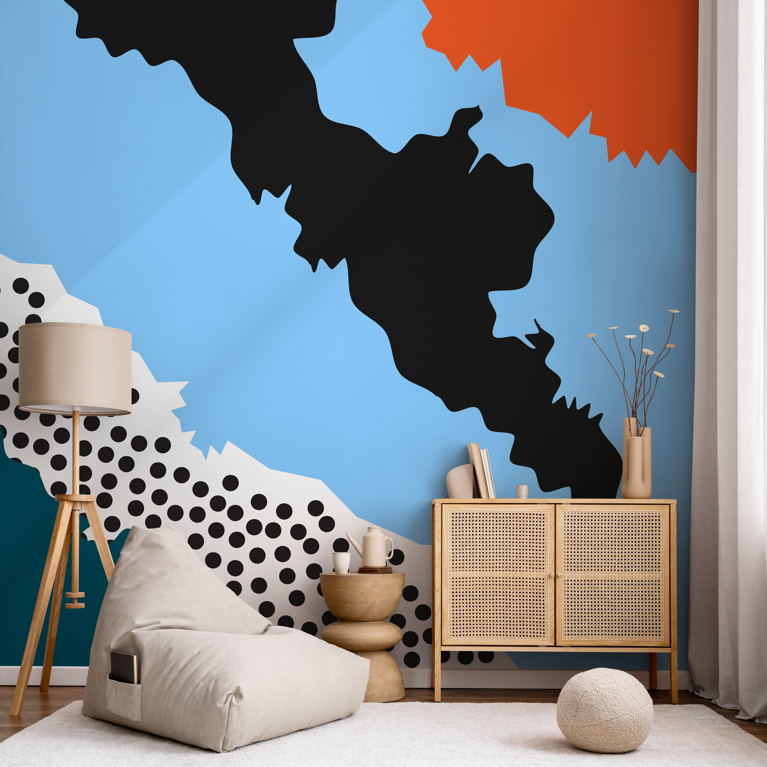 Abstract Wallpaper with Bold Cut-Out Shapes in Blue, Black, and Orange - B498