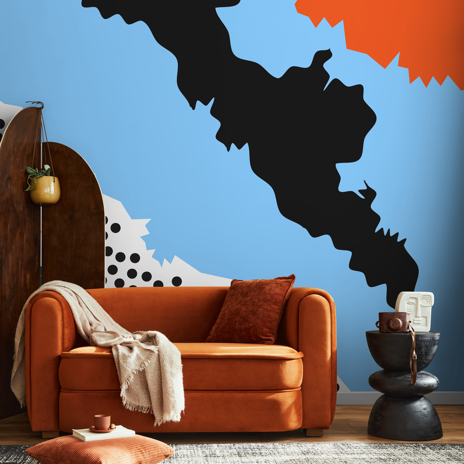 Abstract Wallpaper with Bold Cut-Out Shapes in Blue, Black, and Orange - B498