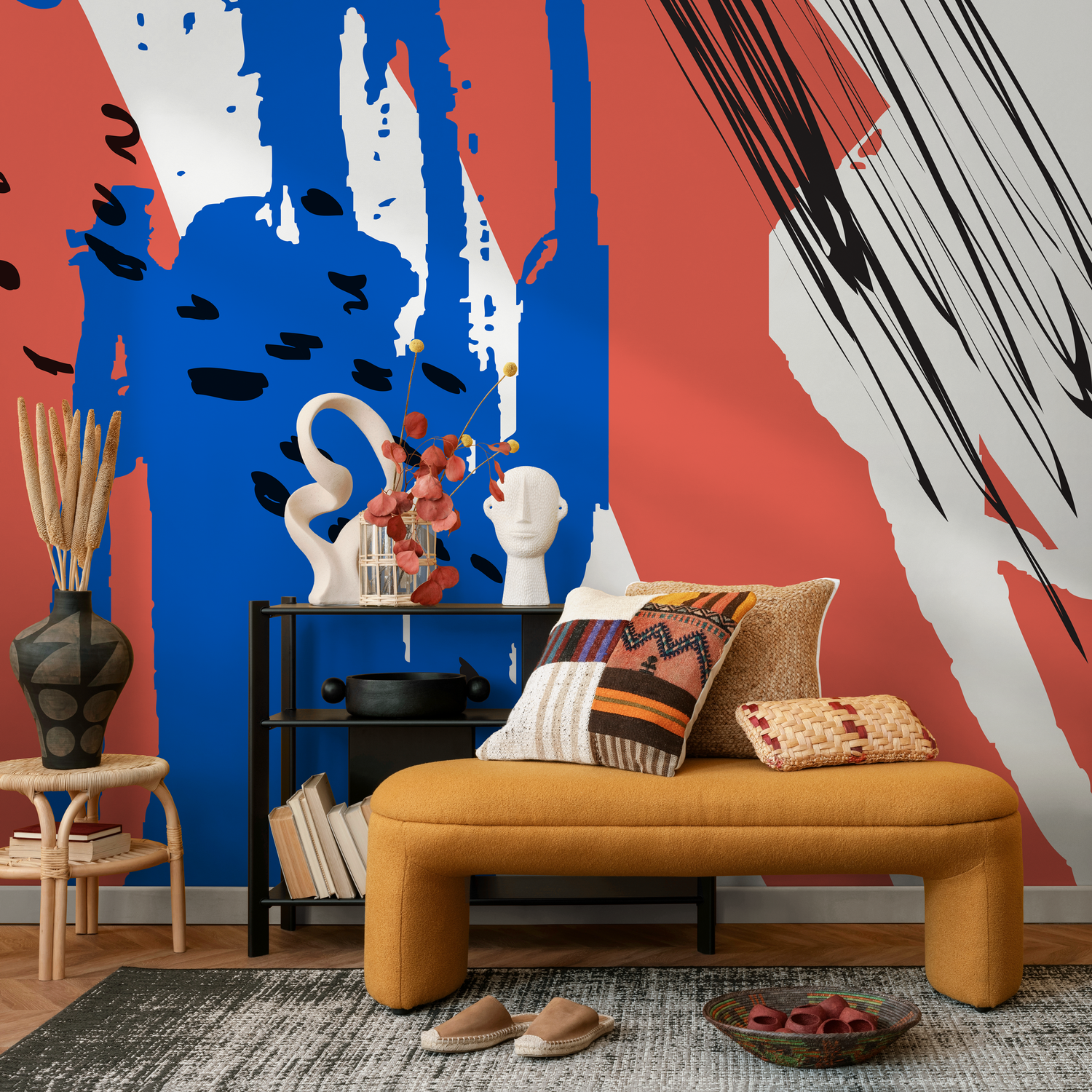 Abstract Wallpaper with Bold Brushstrokes in Red, Blue, and Black - B499