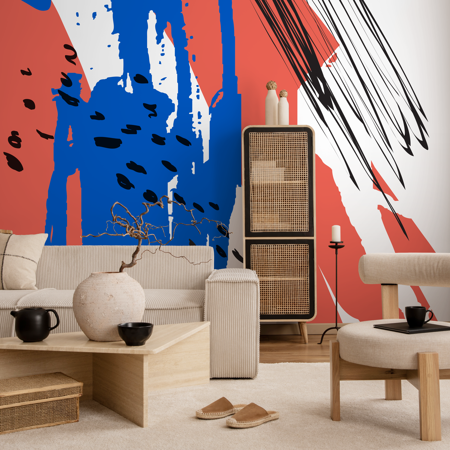 Abstract Wallpaper with Bold Brushstrokes in Red, Blue, and Black - B499