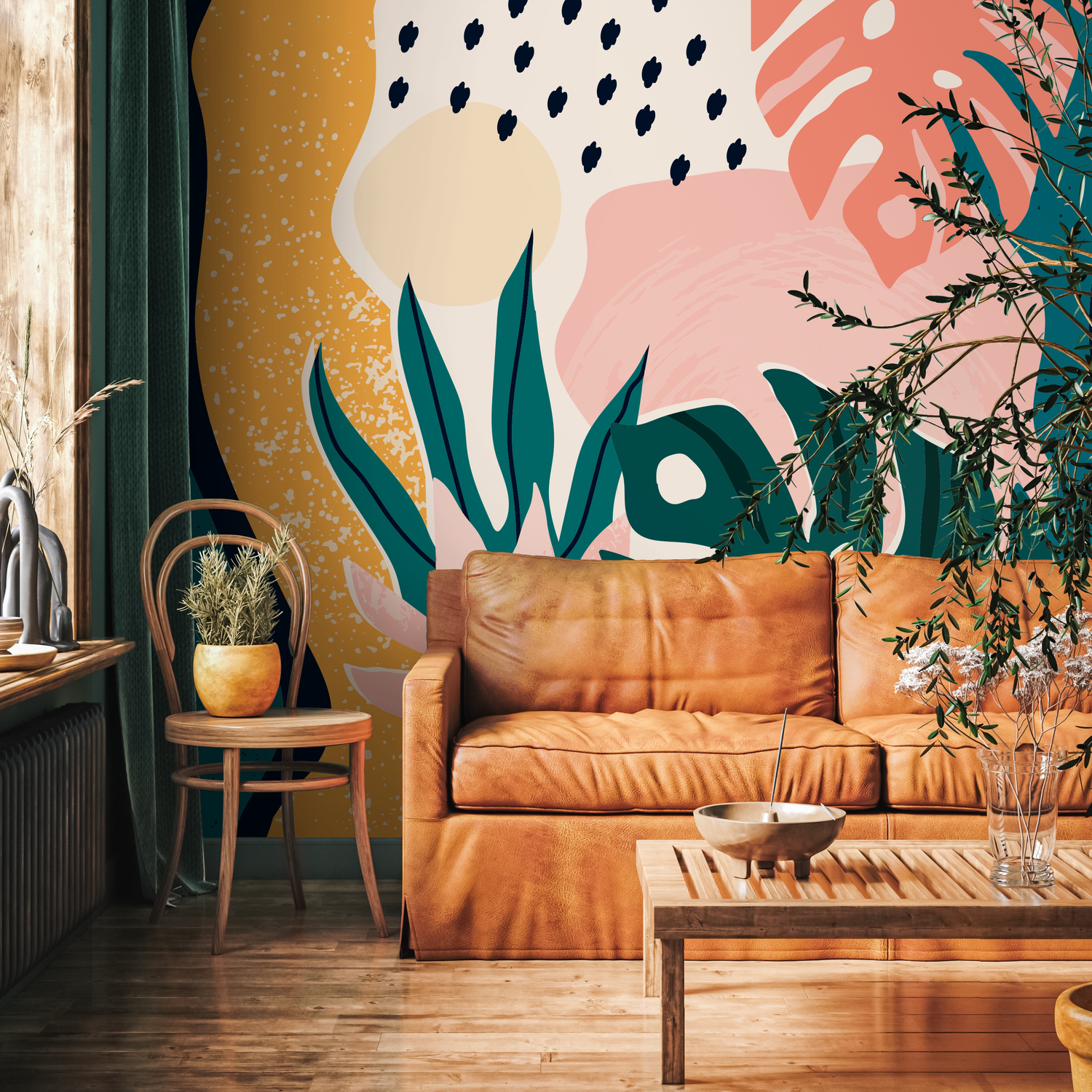 Abstract Wallpaper with Tropical Monstera Leaves in Teal, Pink, and Yellow - B500