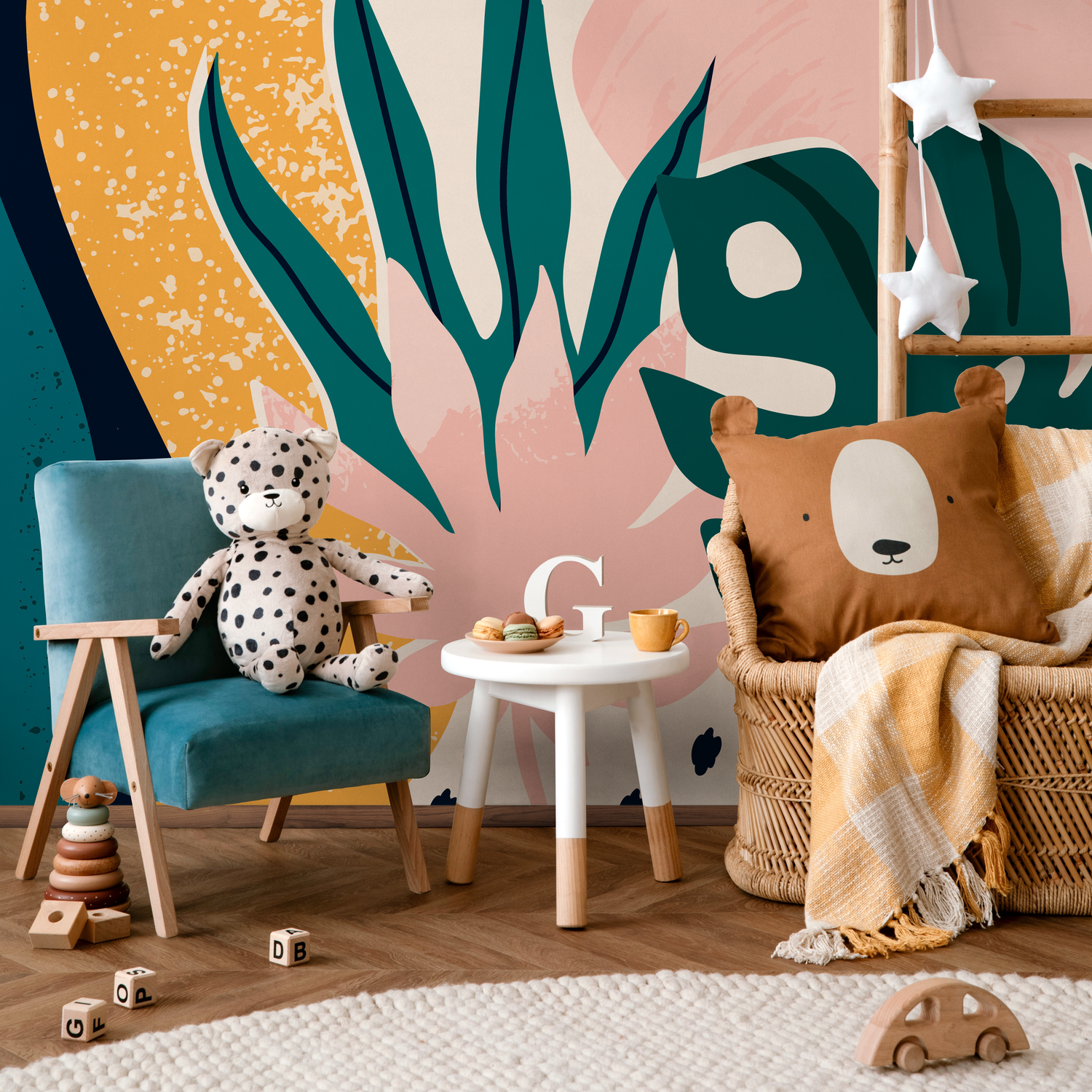 Abstract Wallpaper with Tropical Monstera Leaves in Teal, Pink, and Yellow - B500