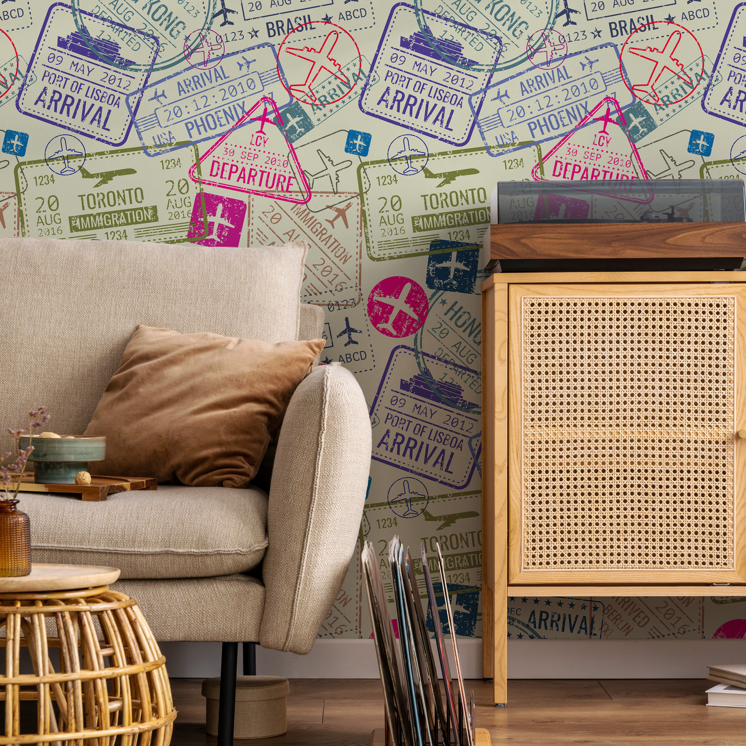 Travel Wallpaper with a Collage of Passport Stamps in Magenta, Blue, and Green - B507