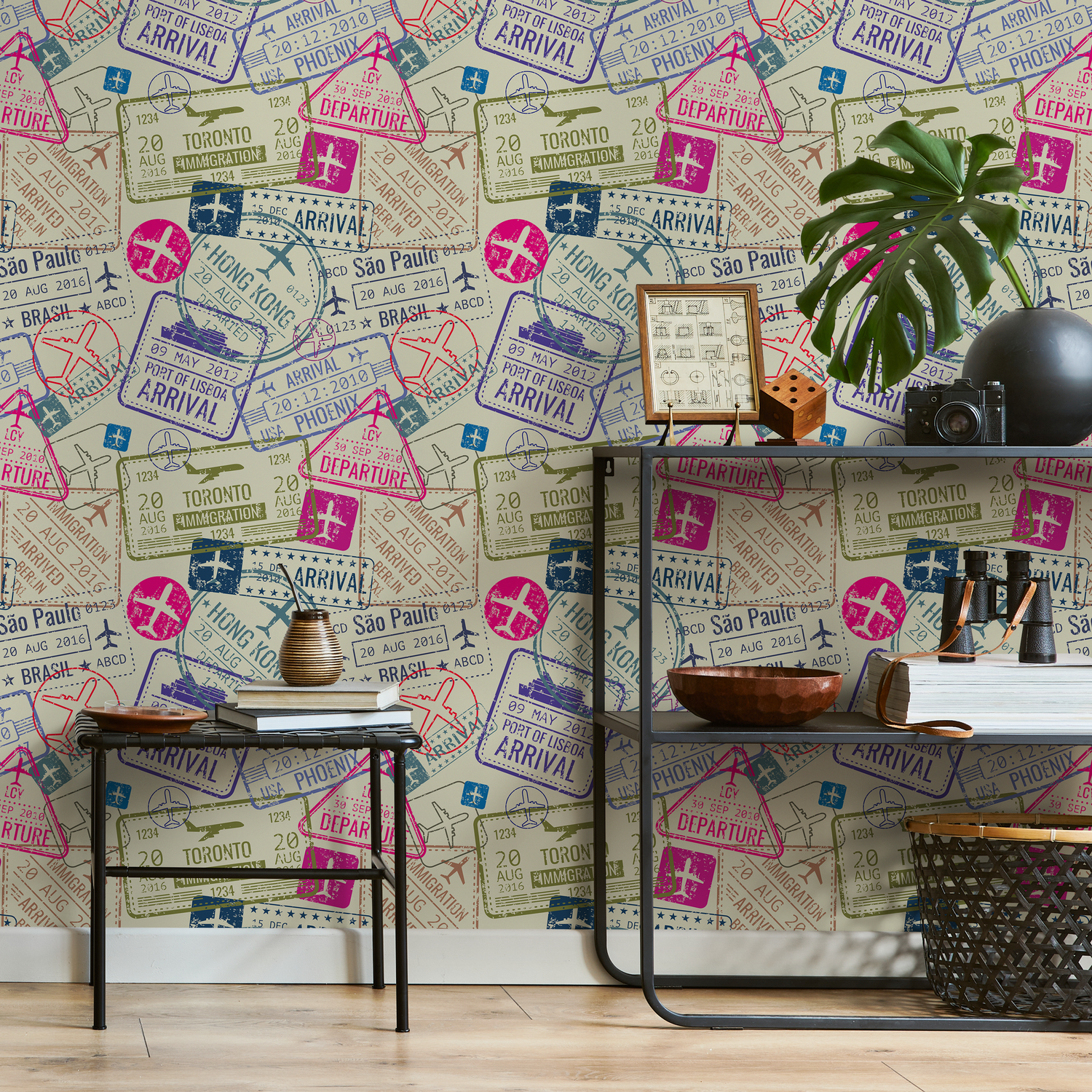 Travel Wallpaper with a Collage of Passport Stamps in Magenta, Blue, and Green - B507