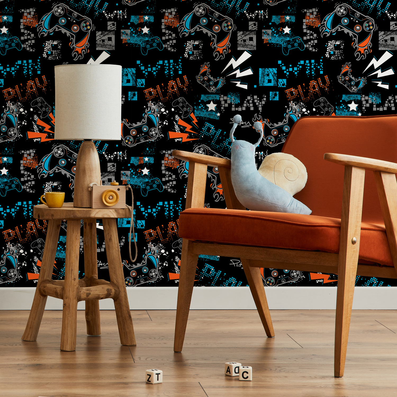 Video Game Wallpaper with a Graffiti Controller Motif in Blue and Orange - B515