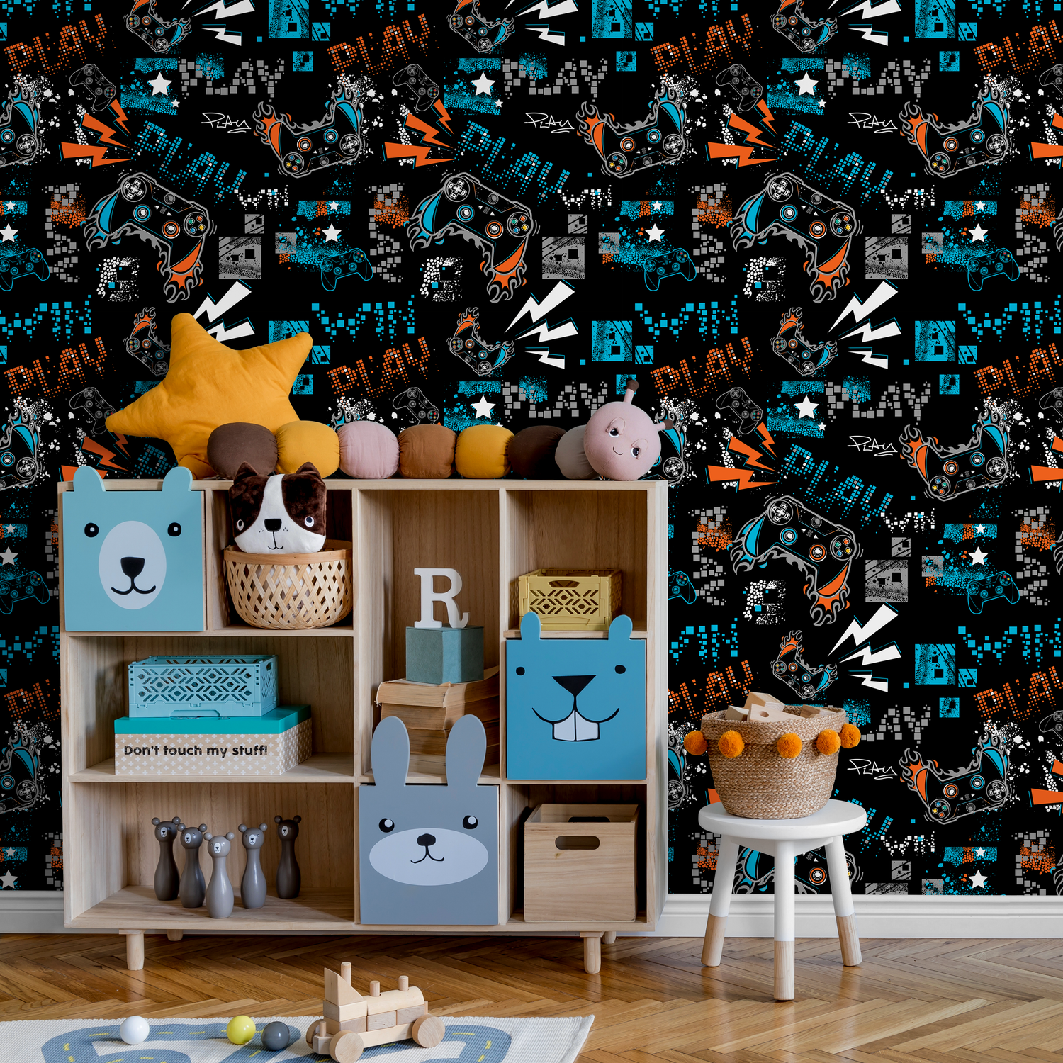 Video Game Wallpaper with a Graffiti Controller Motif in Blue and Orange - B515