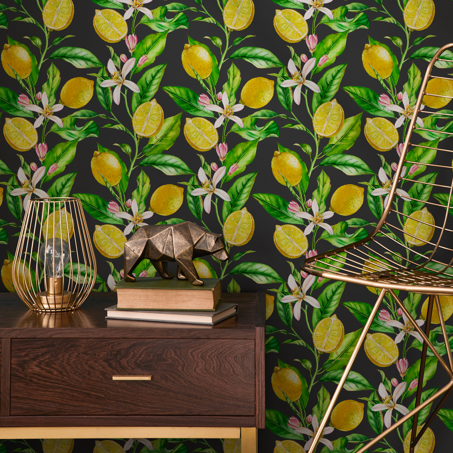 Botanical Wallpaper with a Lemon and Floral Motif in Yellow, Green, and Black - B529