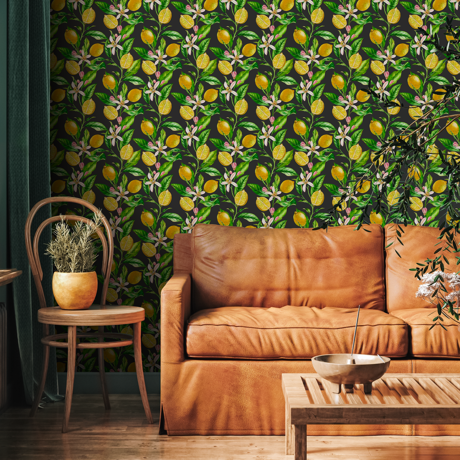 Botanical Wallpaper with a Lemon and Floral Motif in Yellow, Green, and Black - B529