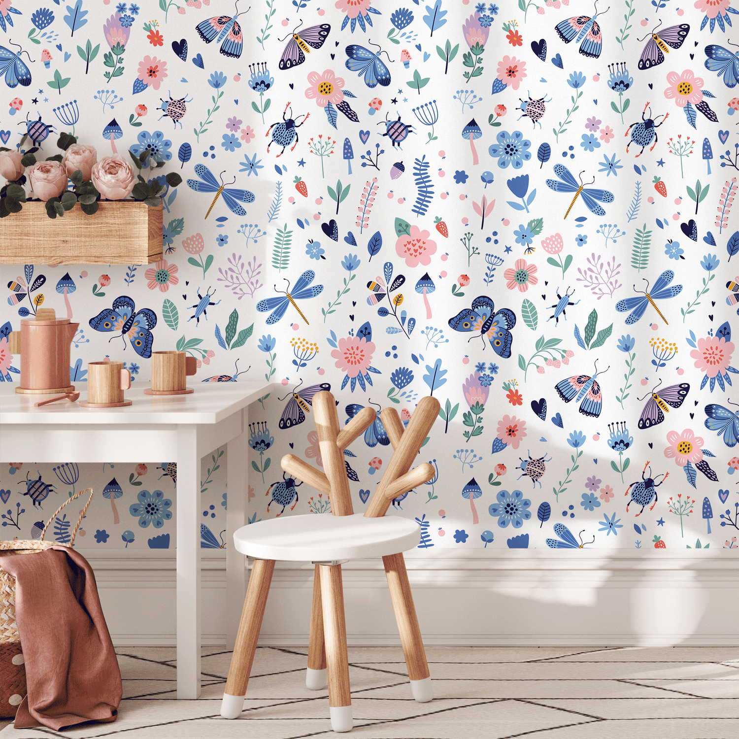 Botanical Wallpaper with Whimsical Butterflies and Wildflowers in Blue and Pink - B530