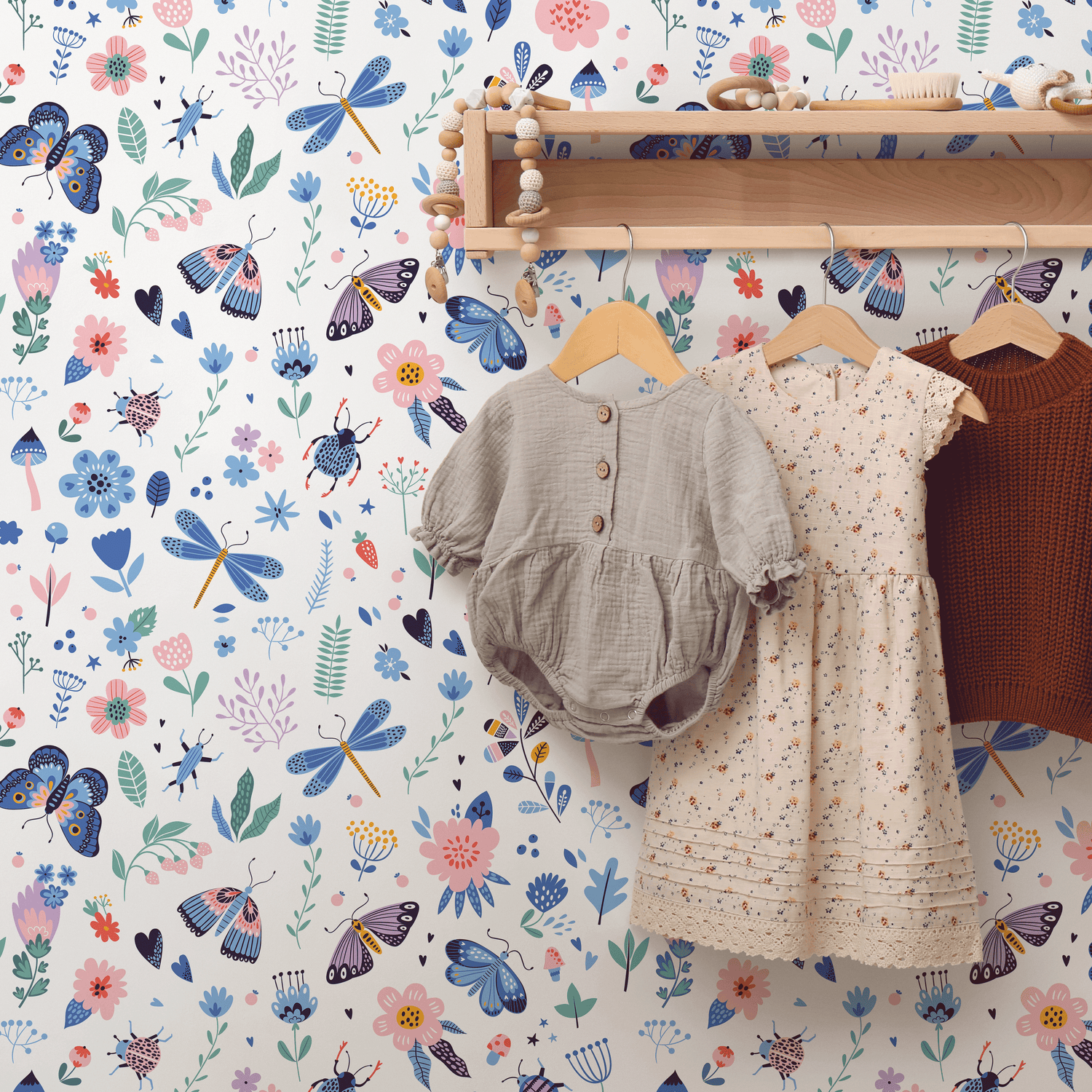 Botanical Wallpaper with Whimsical Butterflies and Wildflowers in Blue and Pink - B530