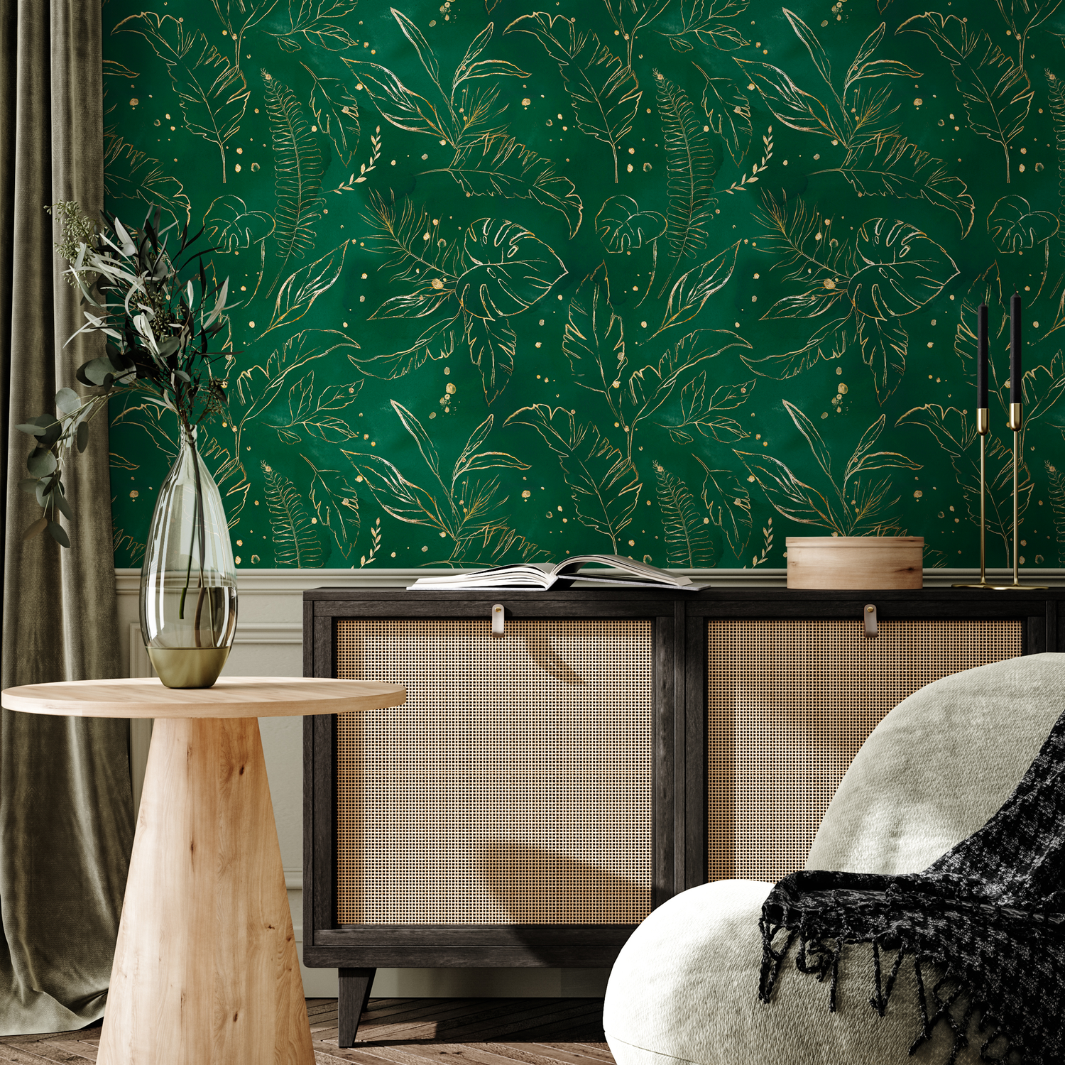 Tropical Wallpaper Featuring Gilded Tropical Leaves in Green and Gold - B532