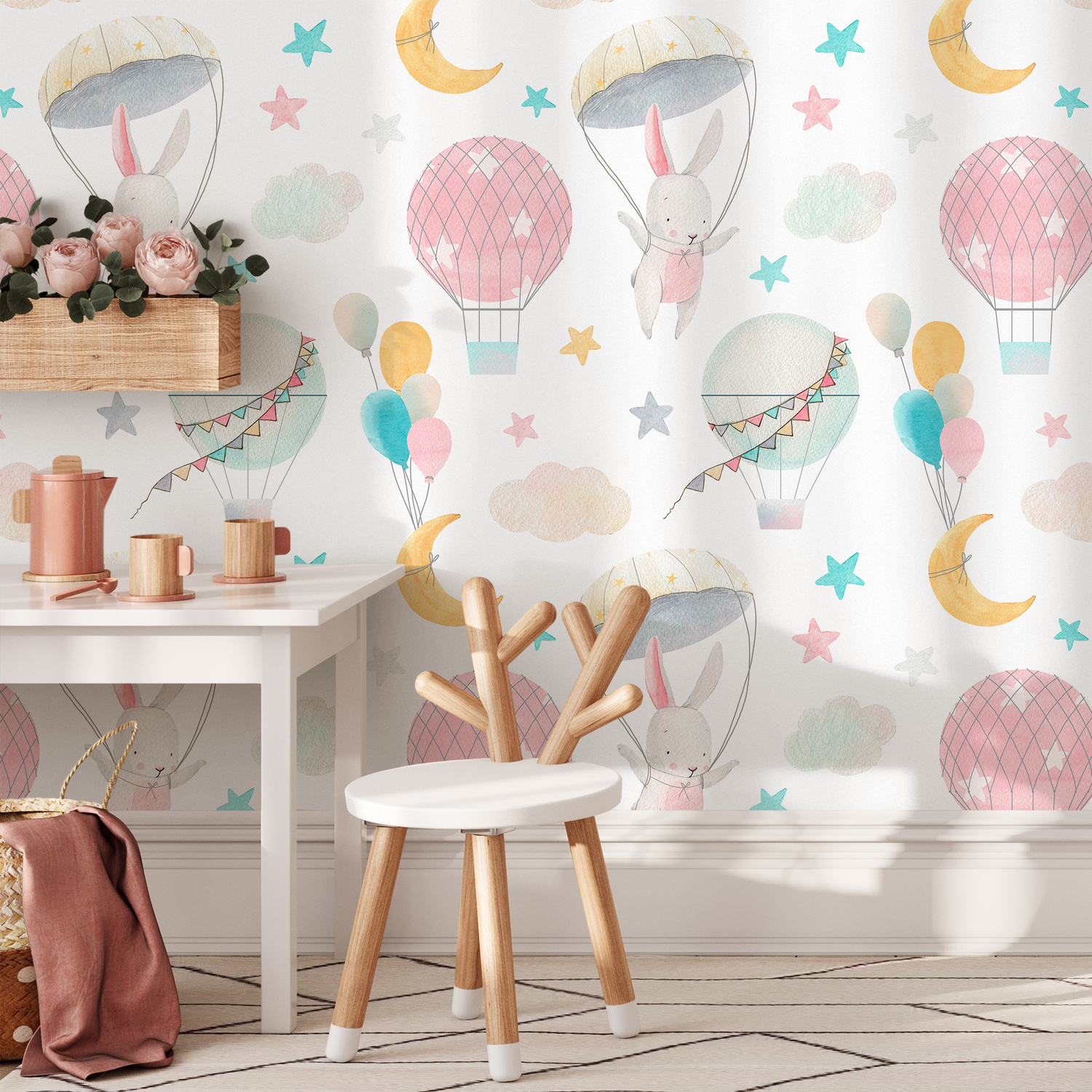 Nursery Wallpaper with Watercolor Bunnies and Balloons in Pink, Blue, and Yellow - B536