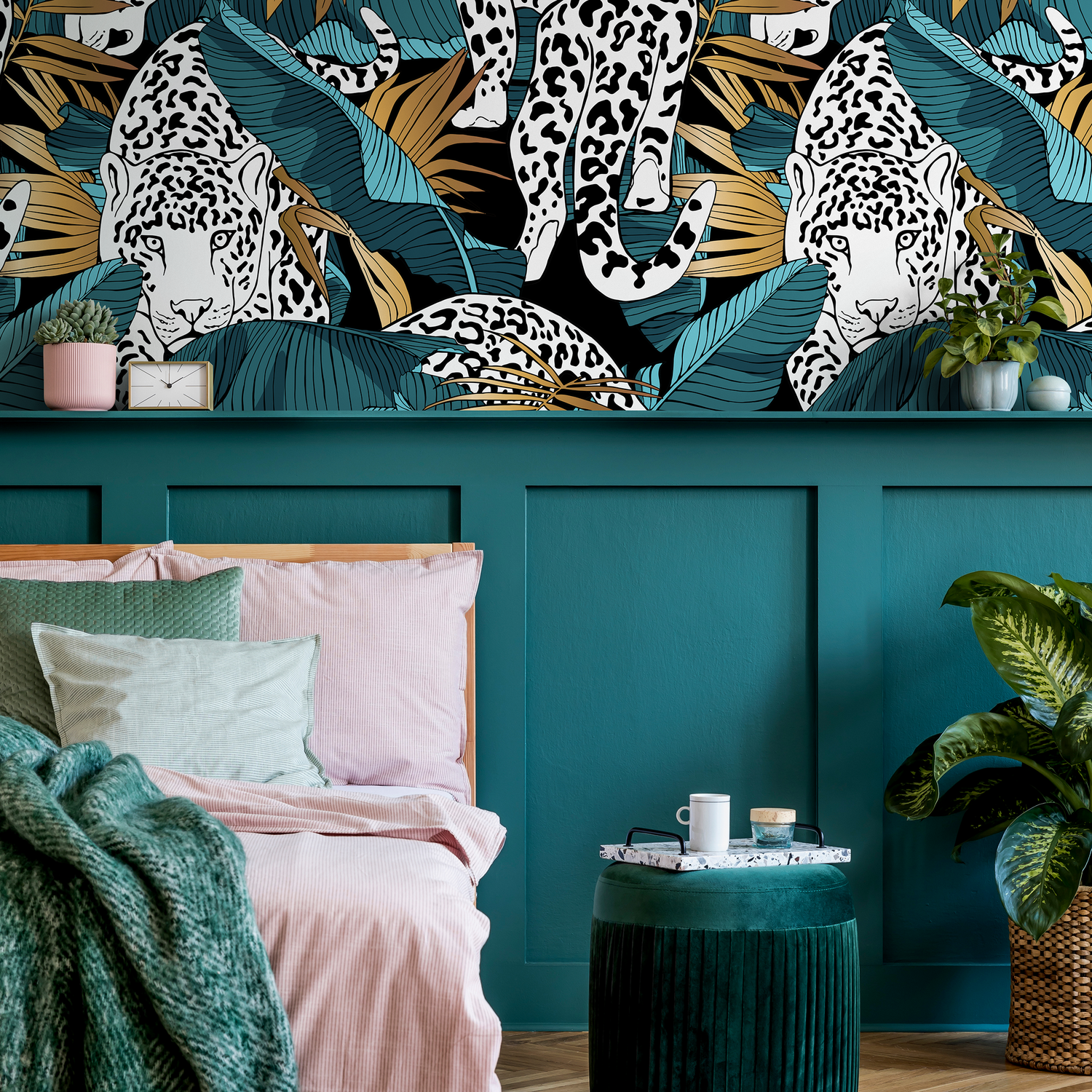 Jungle Wallpaper with a Leopard and Palm Leaves in Teal, Black, and Gold - B537