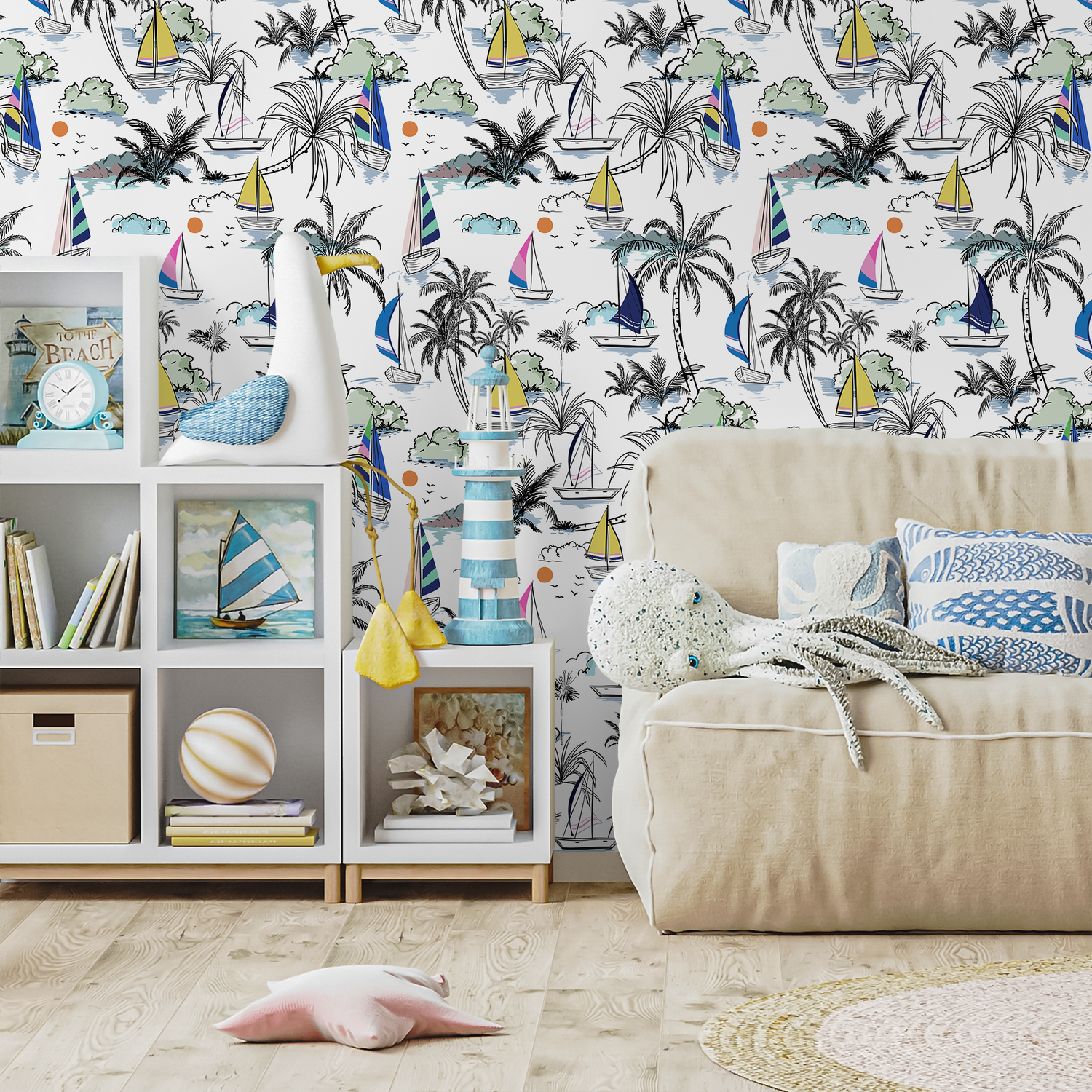 Nautical Wallpaper with a Tropical Sailing Scene in Blue, Yellow, and Pink - B540
