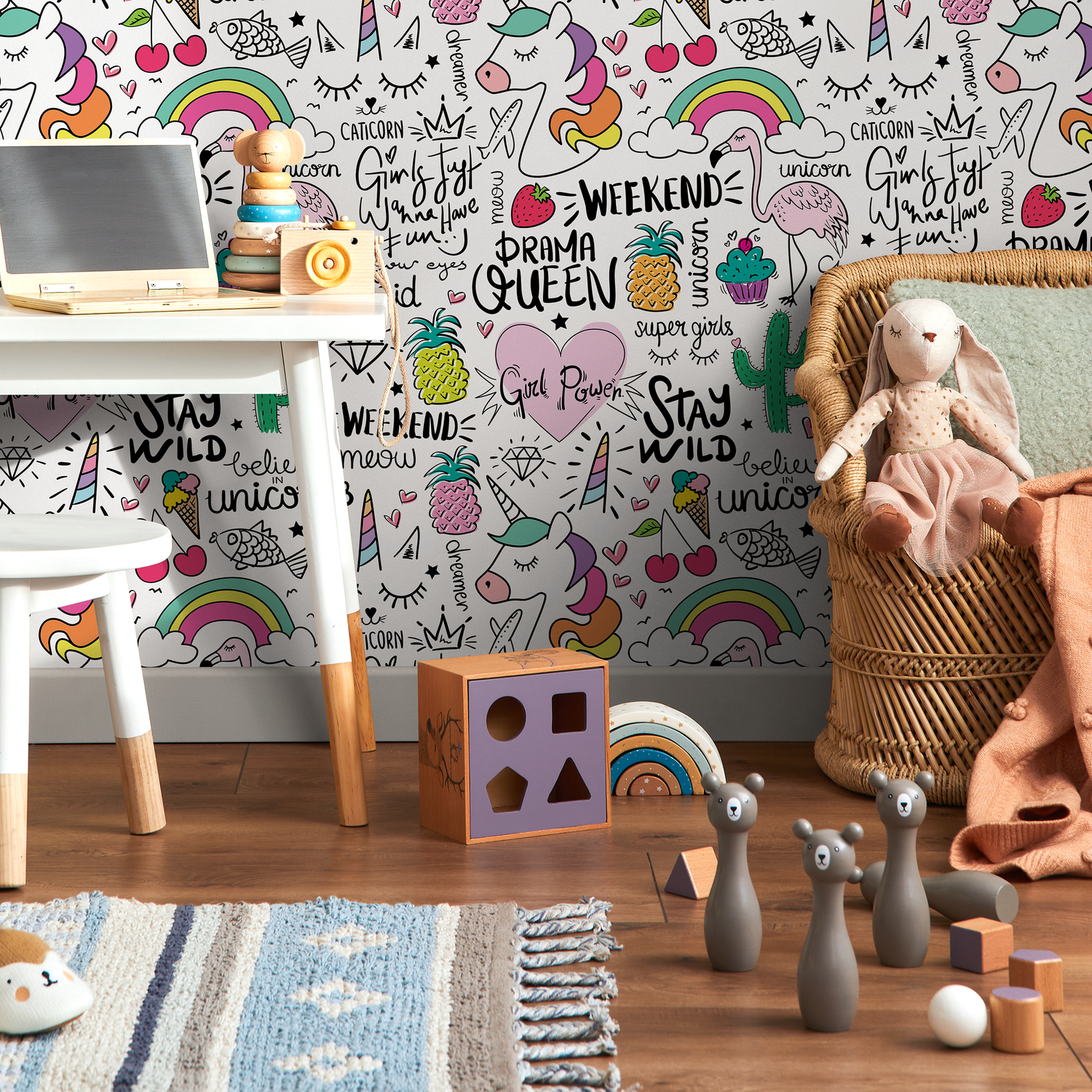 Kids Wallpaper with Unicorn and Rainbow Doodles in Pink, Yellow, and Green - B543