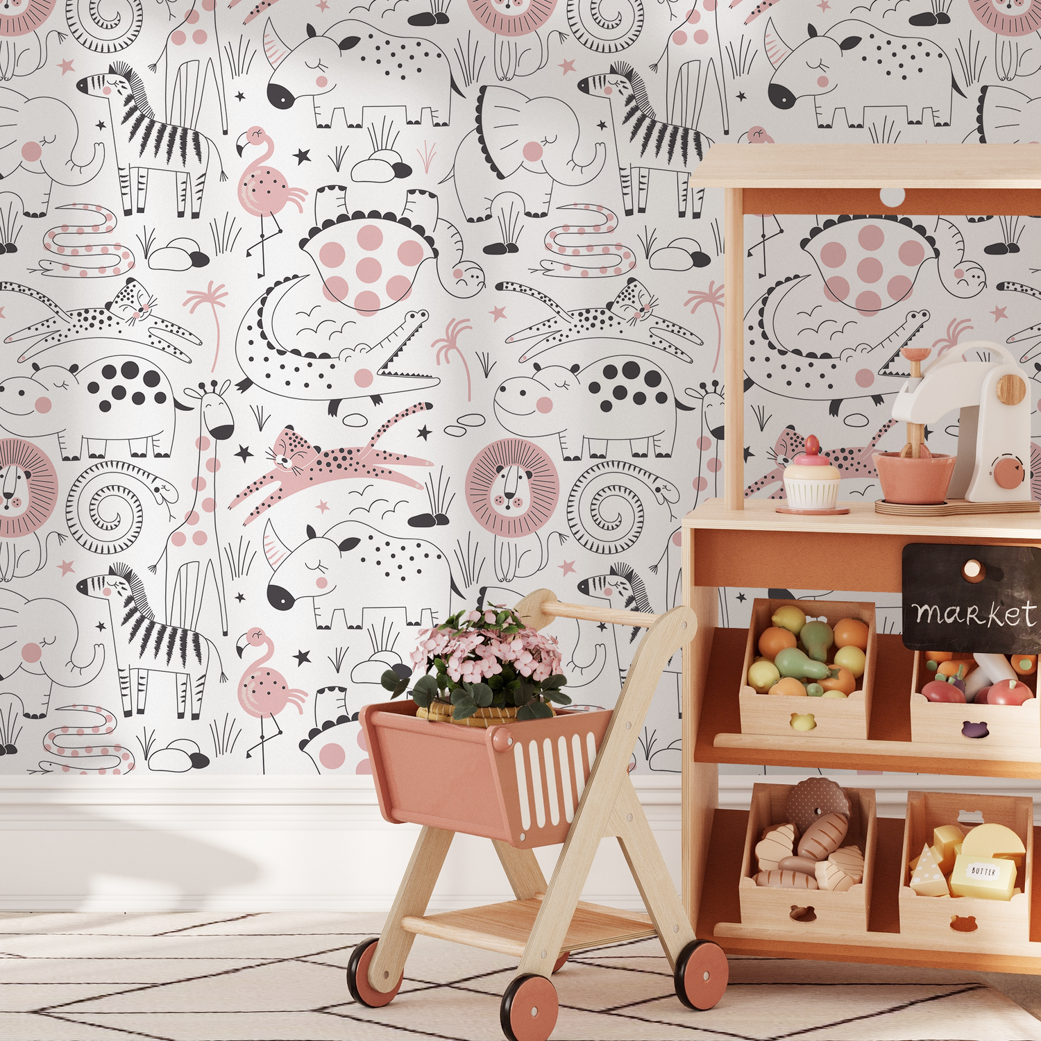 Scandinavian Wallpaper with Cute Safari Animals in Pink and Black - B544