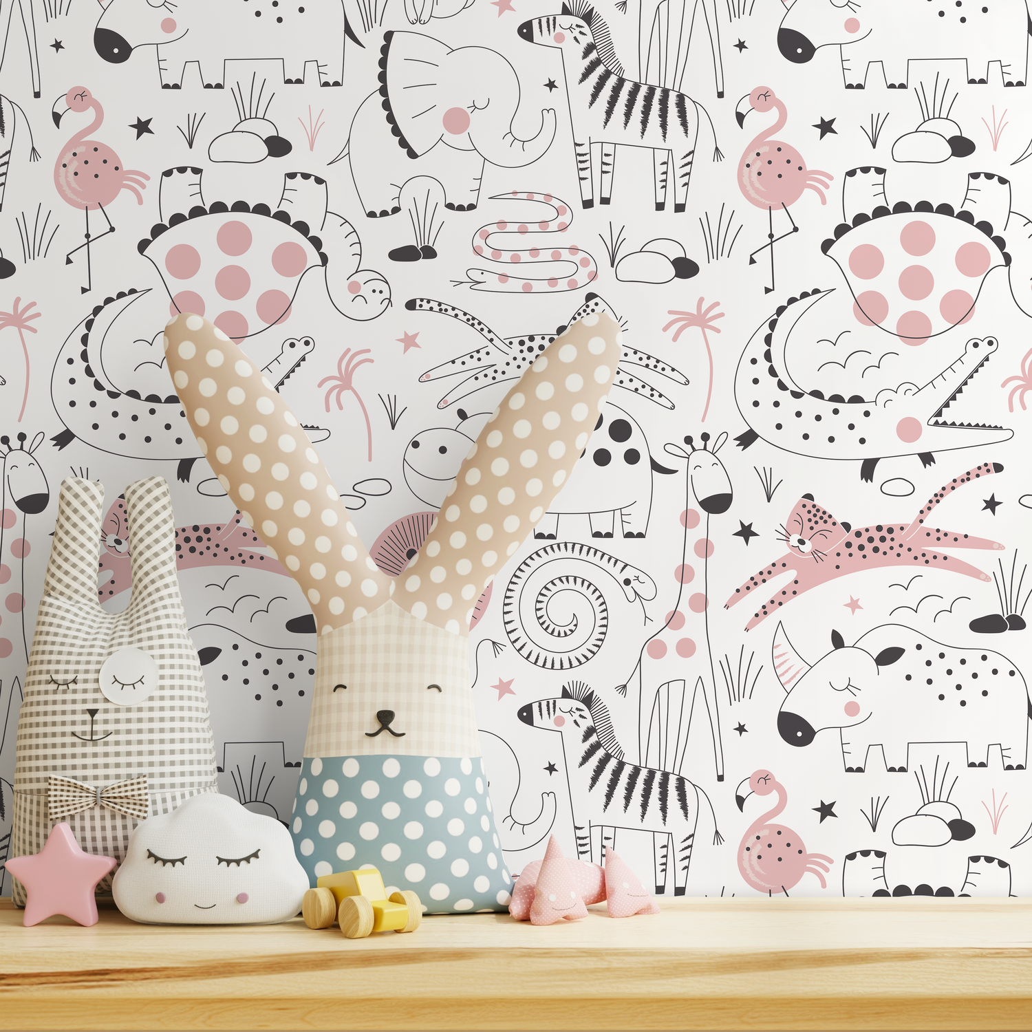 Scandinavian Wallpaper with Cute Safari Animals in Pink and Black - B544