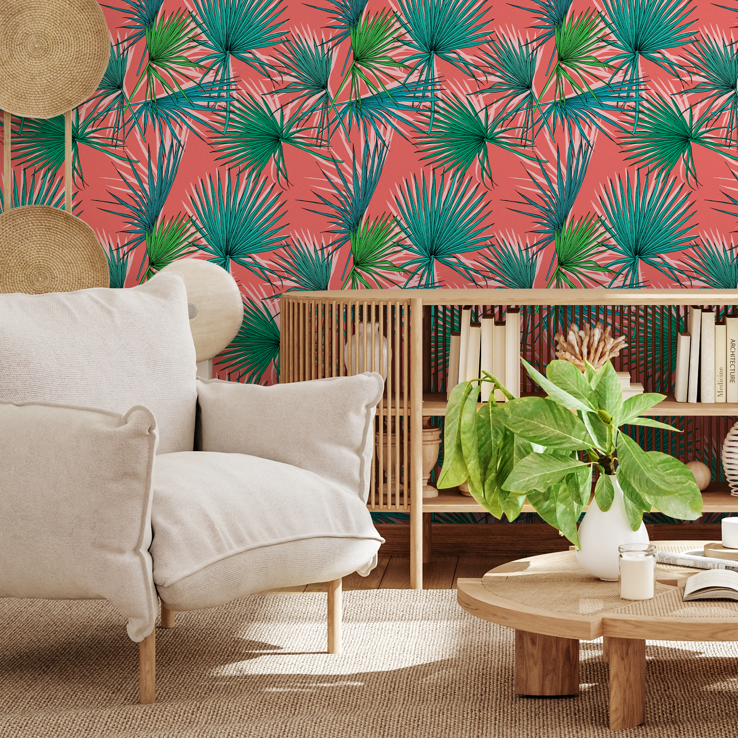 Tropical Wallpaper with Fan Palm Leaves in Coral, Green, and Teal - B548