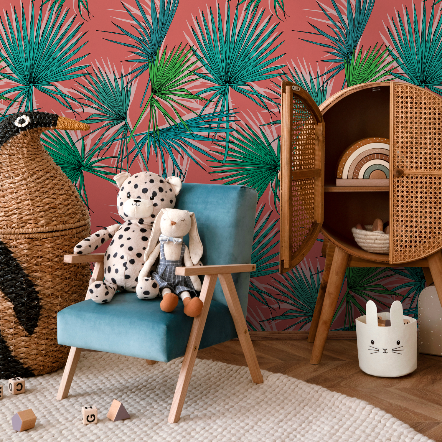 Tropical Wallpaper with Fan Palm Leaves in Coral, Green, and Teal - B548