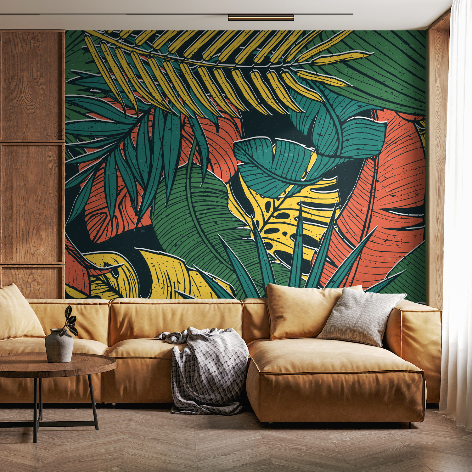 Tropical Wallpaper with a Bold Jungle Leaf Motif in Green, Yellow, and Orange - B555