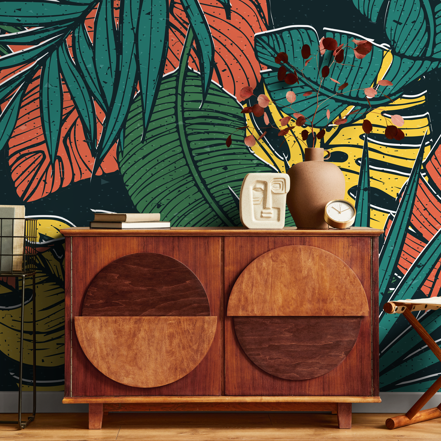 Tropical Wallpaper with a Bold Jungle Leaf Motif in Green, Yellow, and Orange - B555