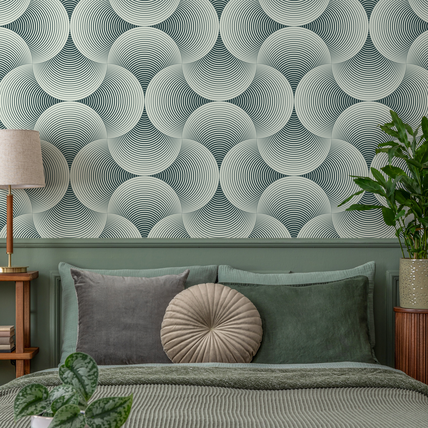 Art Deco Wallpaper with a Scalloped Fan Motif in Dark Teal and Cream - B560