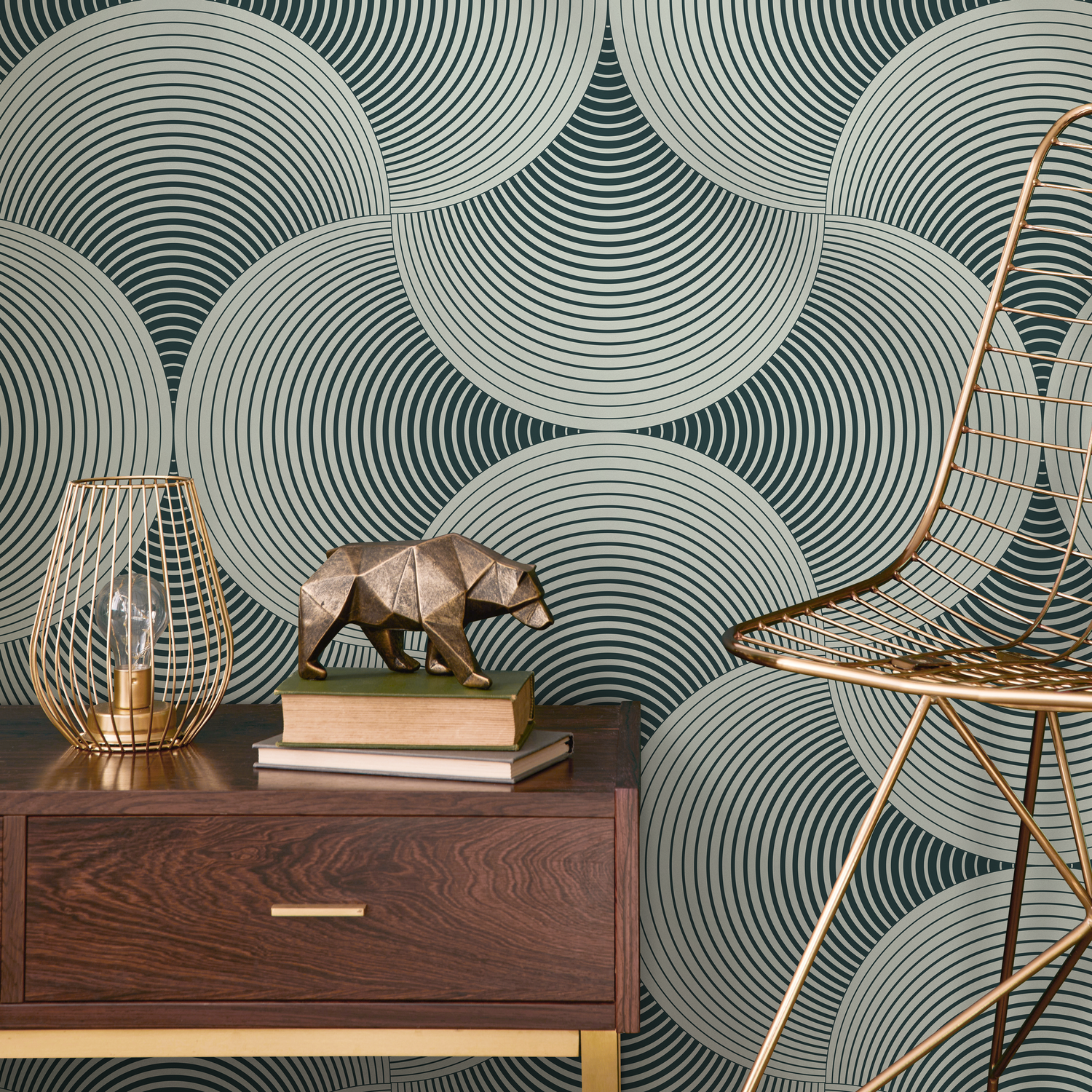Art Deco Wallpaper with a Scalloped Fan Motif in Dark Teal and Cream - B560